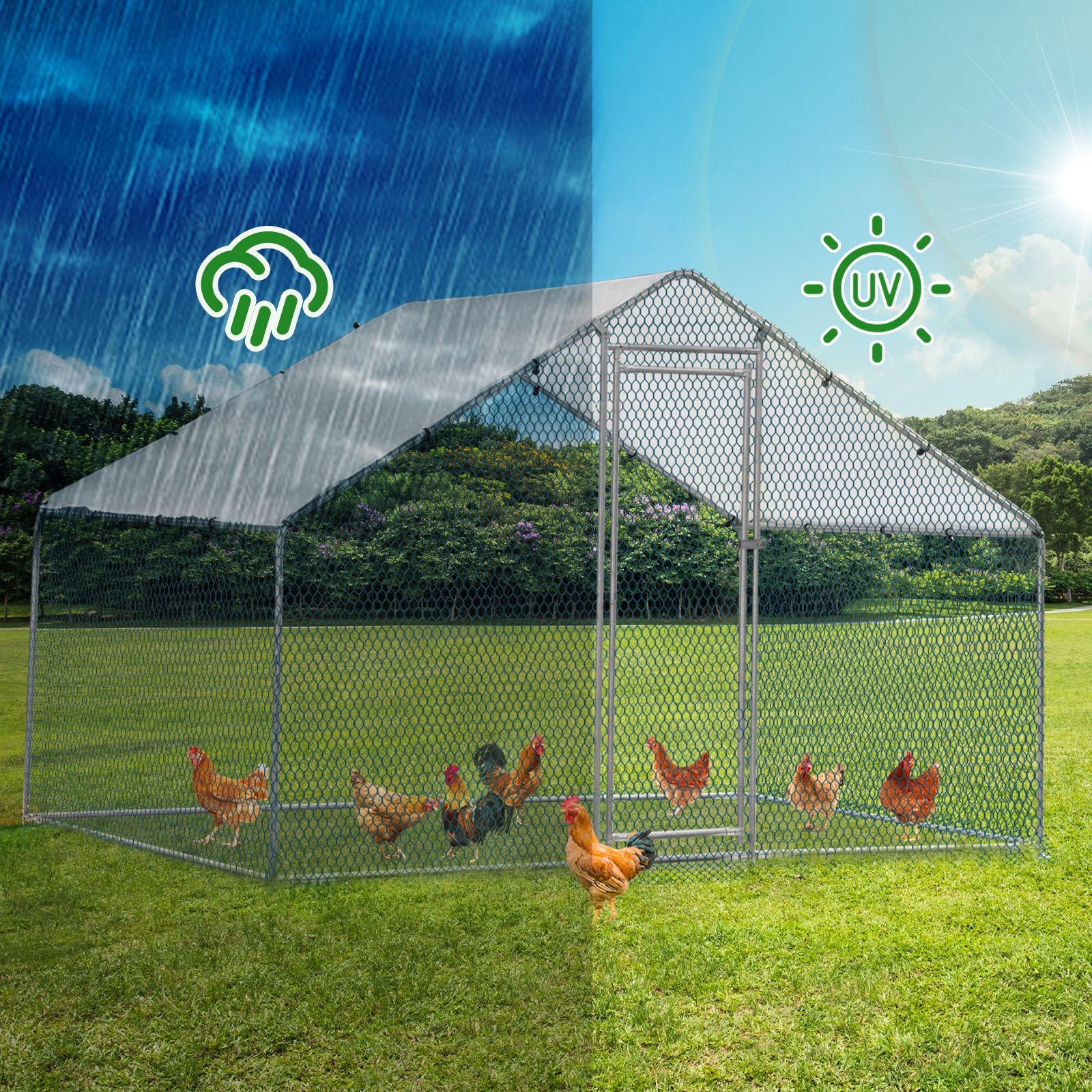 x x Silver Chicken Coop with Pointed Roof and practical PE Cover