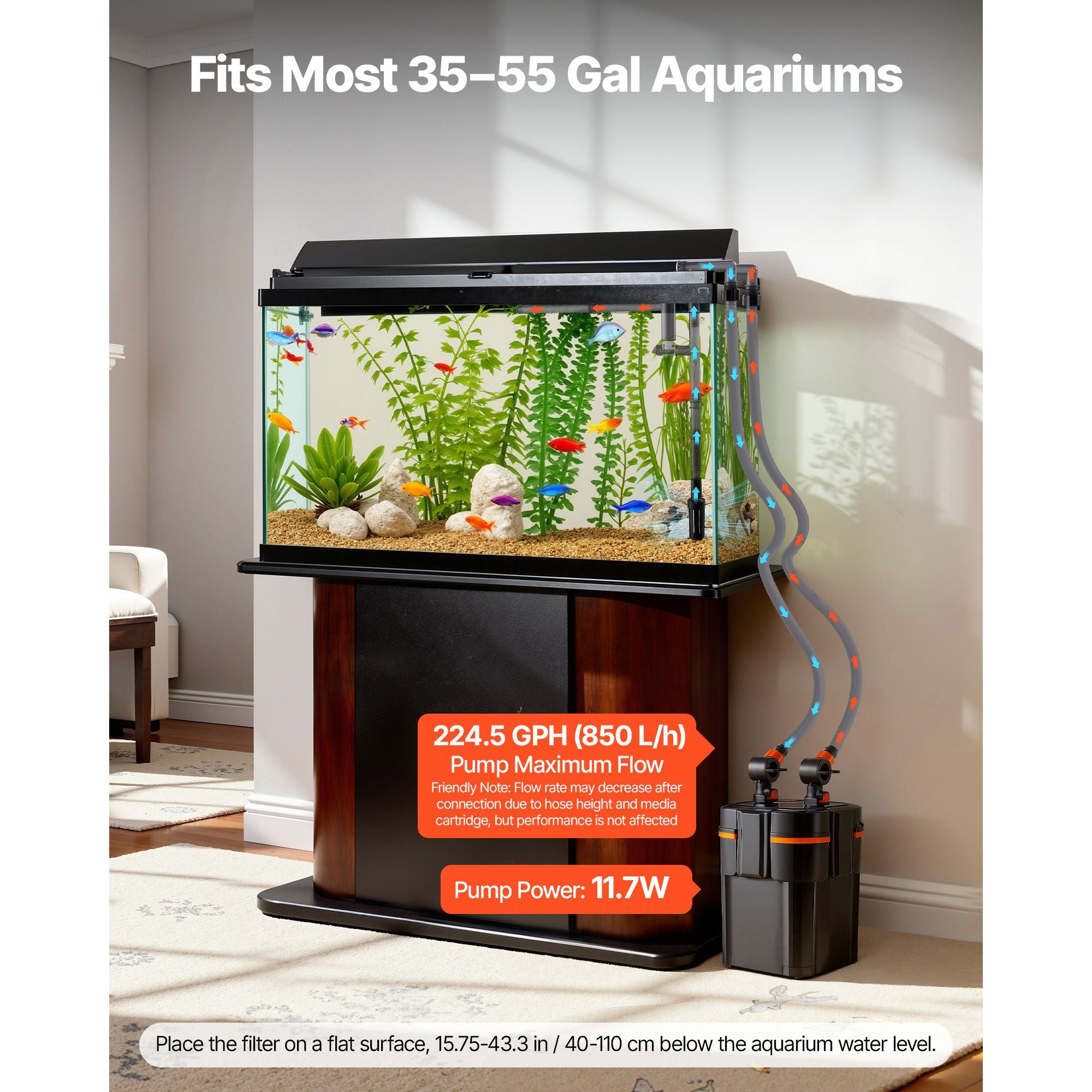 2-Stage Canister Filter with Timer Light for Large Aquariums Up to 55 Gallons, Freshwater