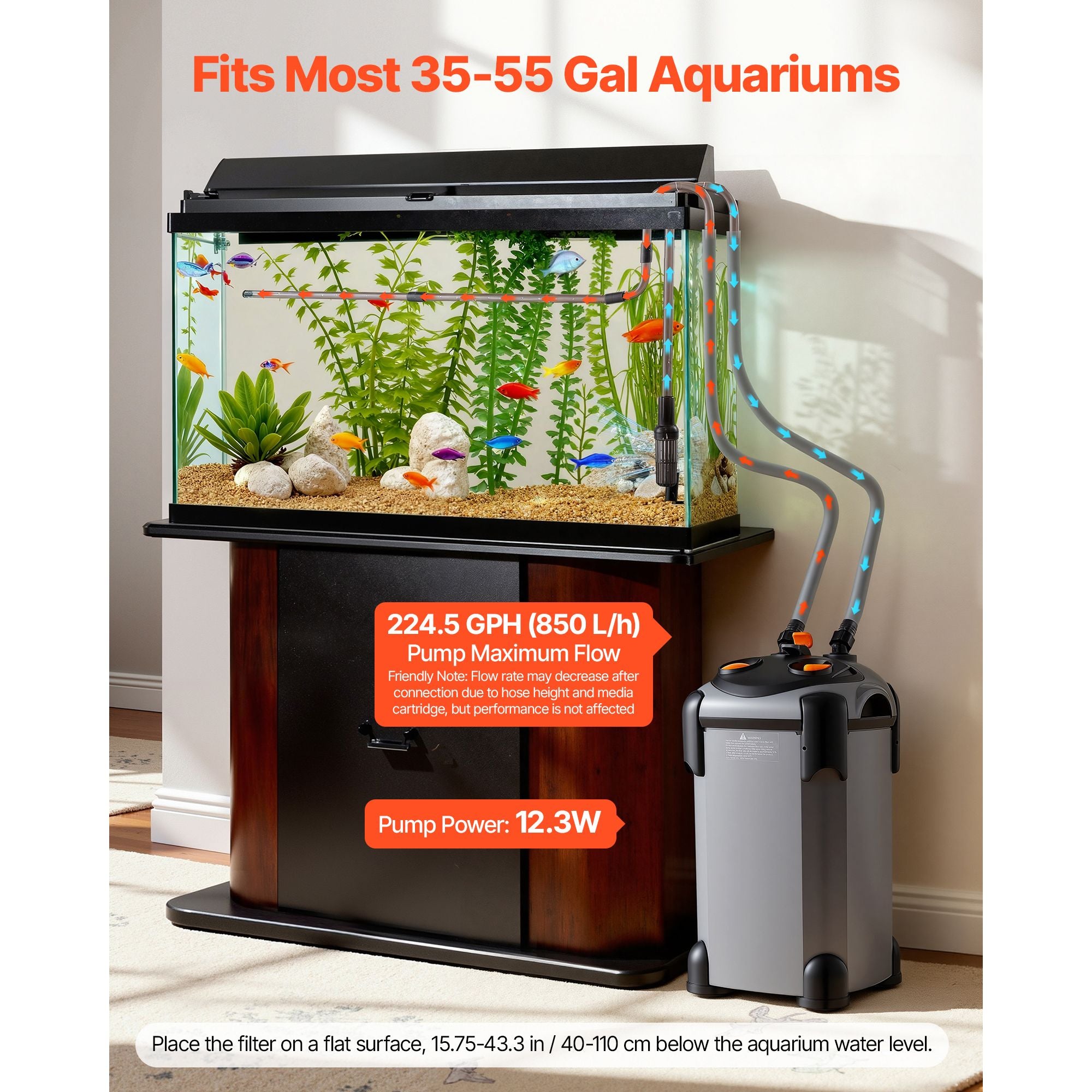 3-Stage Canister Filter with Powerful Pump for Aquariums Up to 55 Gallons