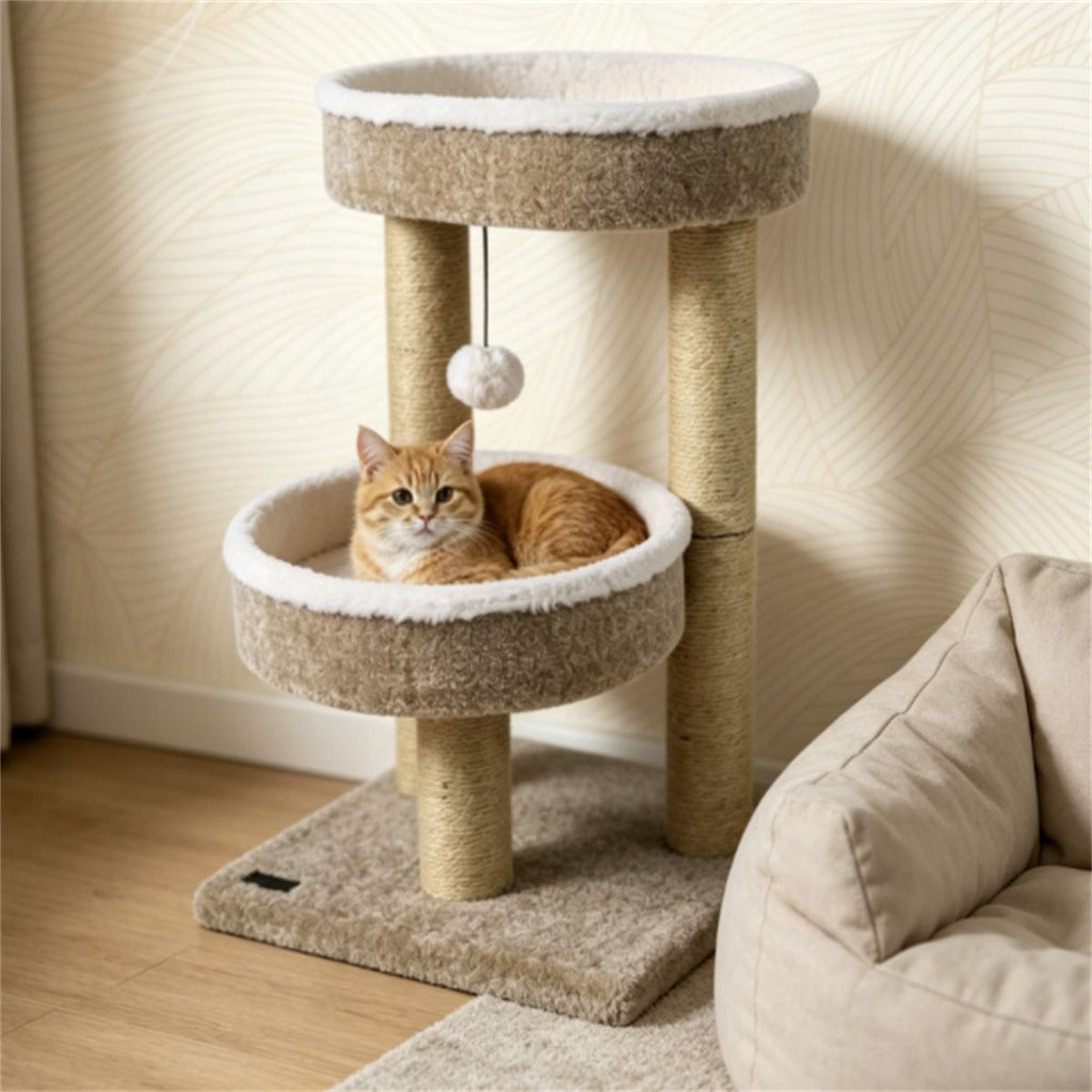 24 Inch Compact Cat Tree with 2 Plush Perches, Jute Rope Scratching Posts & Hanging Toy Ball, Stable Small Cat Tower for Indoor Cats Apartment Bedroom