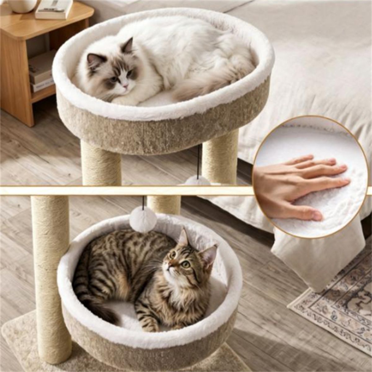 24 Inch Compact Cat Tree with 2 Plush Perches, Jute Rope Scratching Posts & Hanging Toy Ball, Stable Small Cat Tower for Indoor Cats Apartment Bedroom