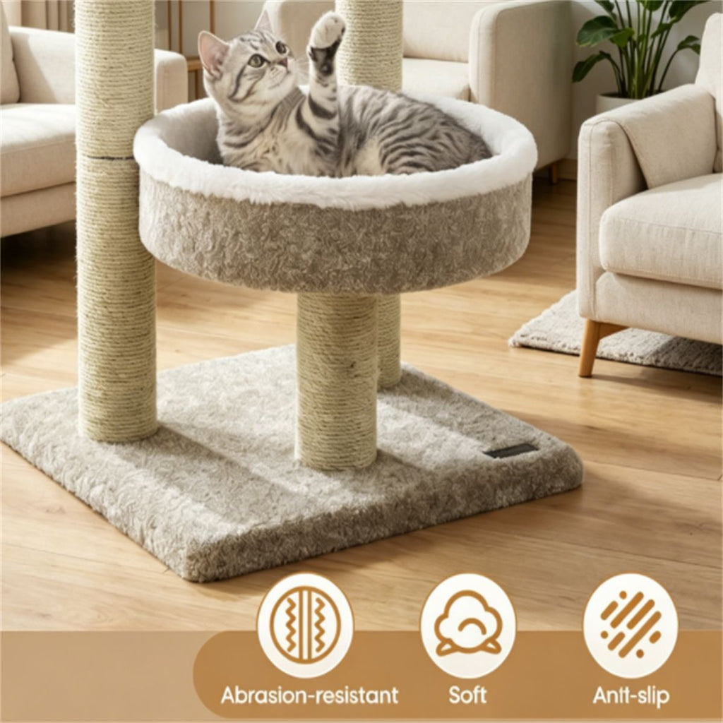 24 Inch Compact Cat Tree with 2 Plush Perches, Jute Rope Scratching Posts & Hanging Toy Ball, Stable Small Cat Tower for Indoor Cats Apartment Bedroom