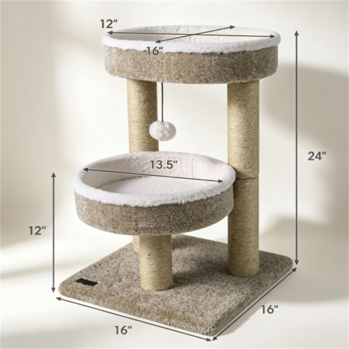 24 Inch Compact Cat Tree with 2 Plush Perches, Jute Rope Scratching Posts & Hanging Toy Ball, Stable Small Cat Tower for Indoor Cats Apartment Bedroom