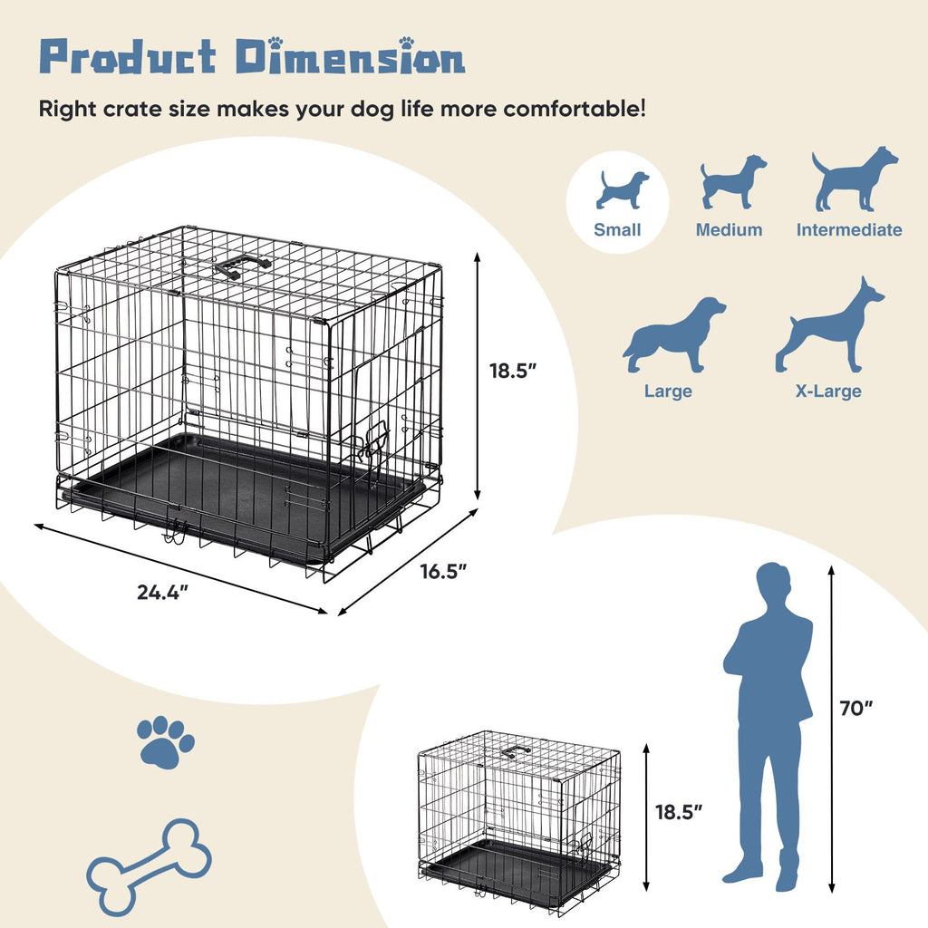 24 inch Single door Dog Cage - durable metal pet kennel, secure lock, collapsible design, removable tray for easy cleaning, portable puppy cage