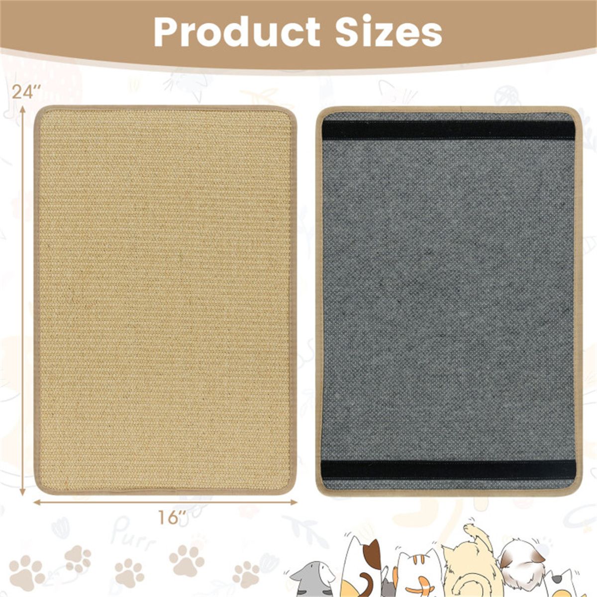 24 x 16 Inch Natural 6-Piece Cat Scratching Mats, Sisal Material Anti-Slip Latex Backing Furniture Protector