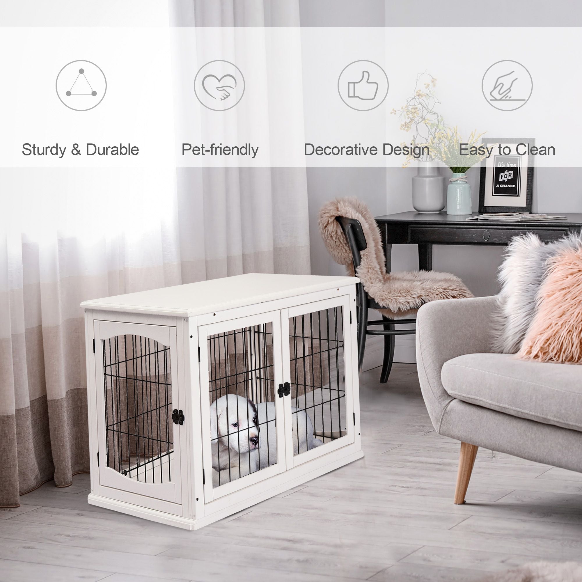 2-in-1 furniture-style Dog Crate End Table with Lockable Doors