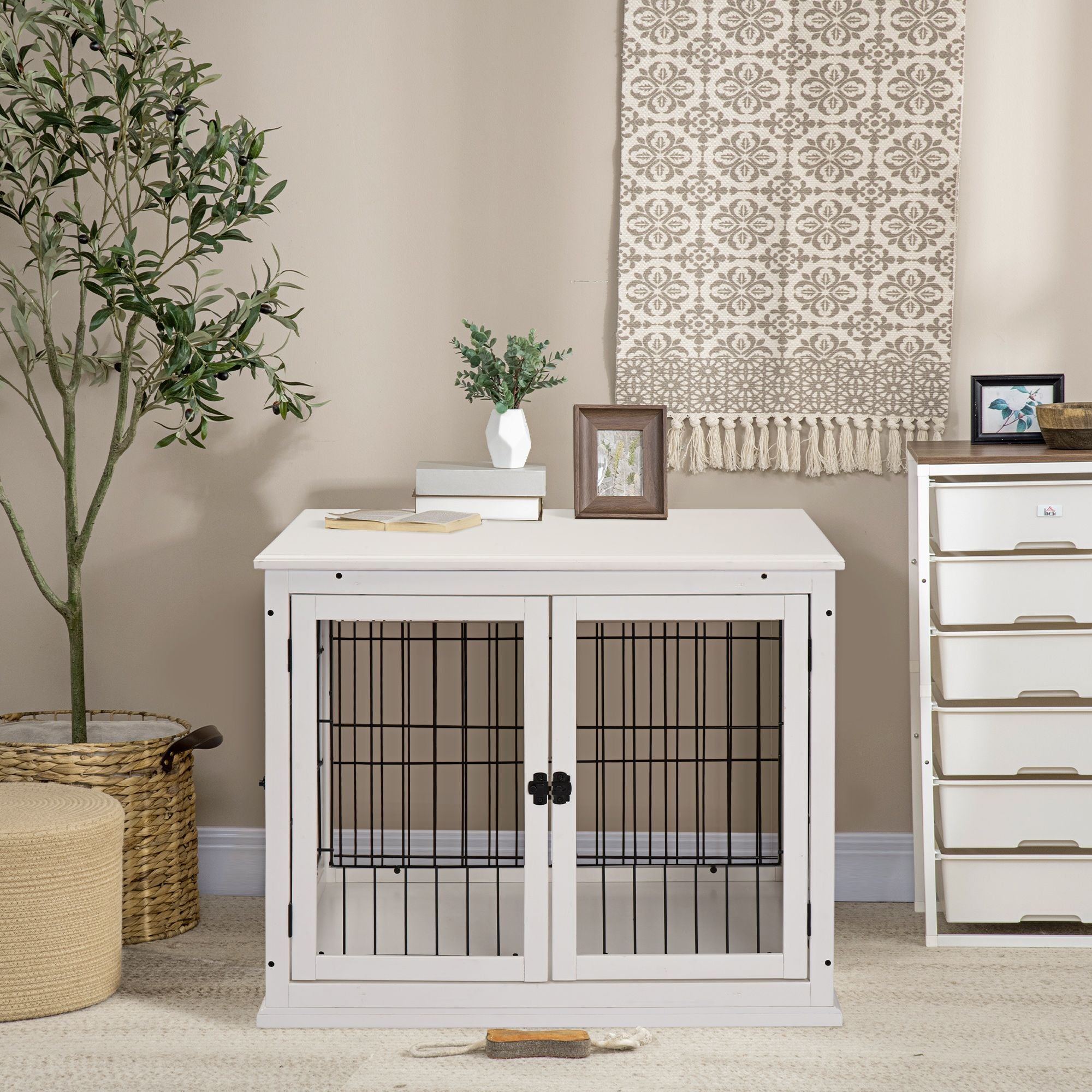 2-in-1 furniture-style Dog Crate End Table with Lockable Doors
