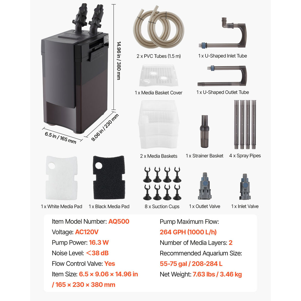 Quiet 264GPH Canister Filter with Adjustable Flow for Freshwater Aquariums