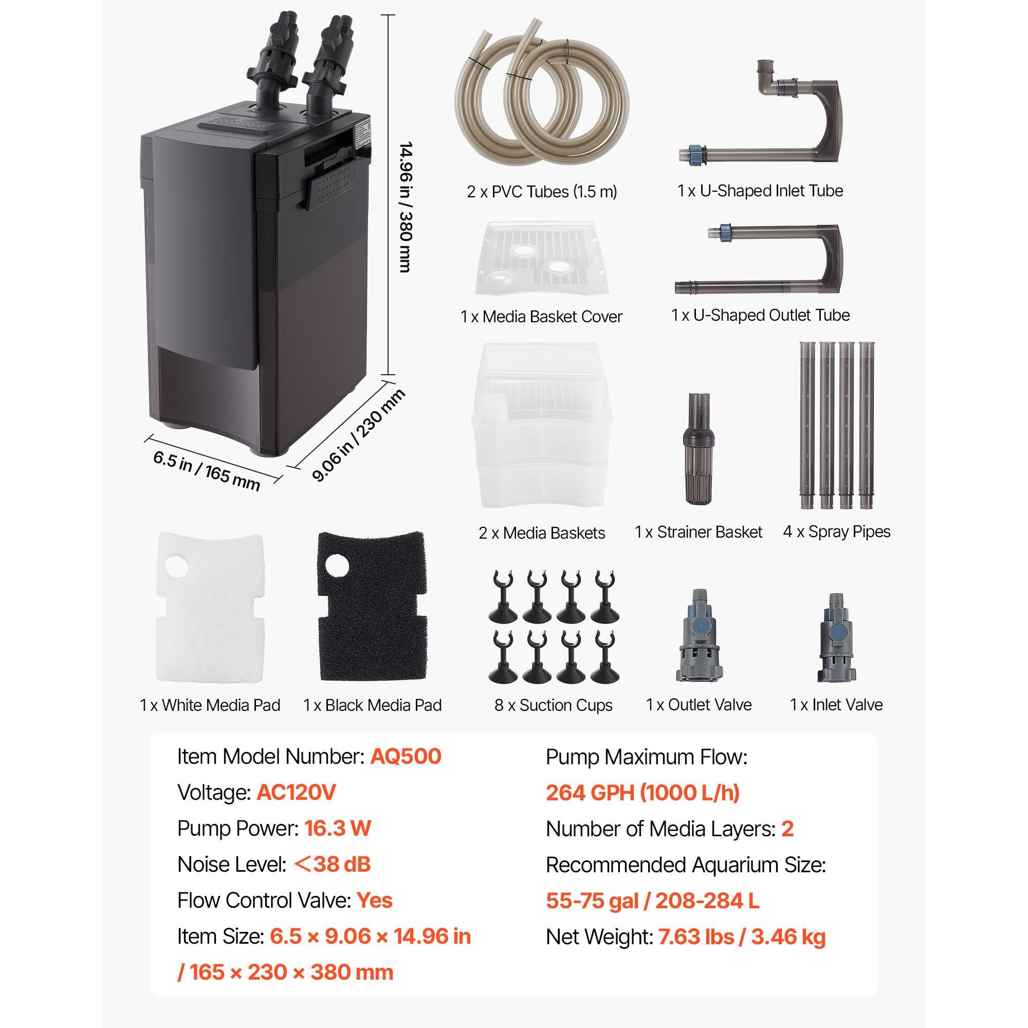 Quiet 264GPH Canister Filter with Adjustable Flow for Freshwater Aquariums