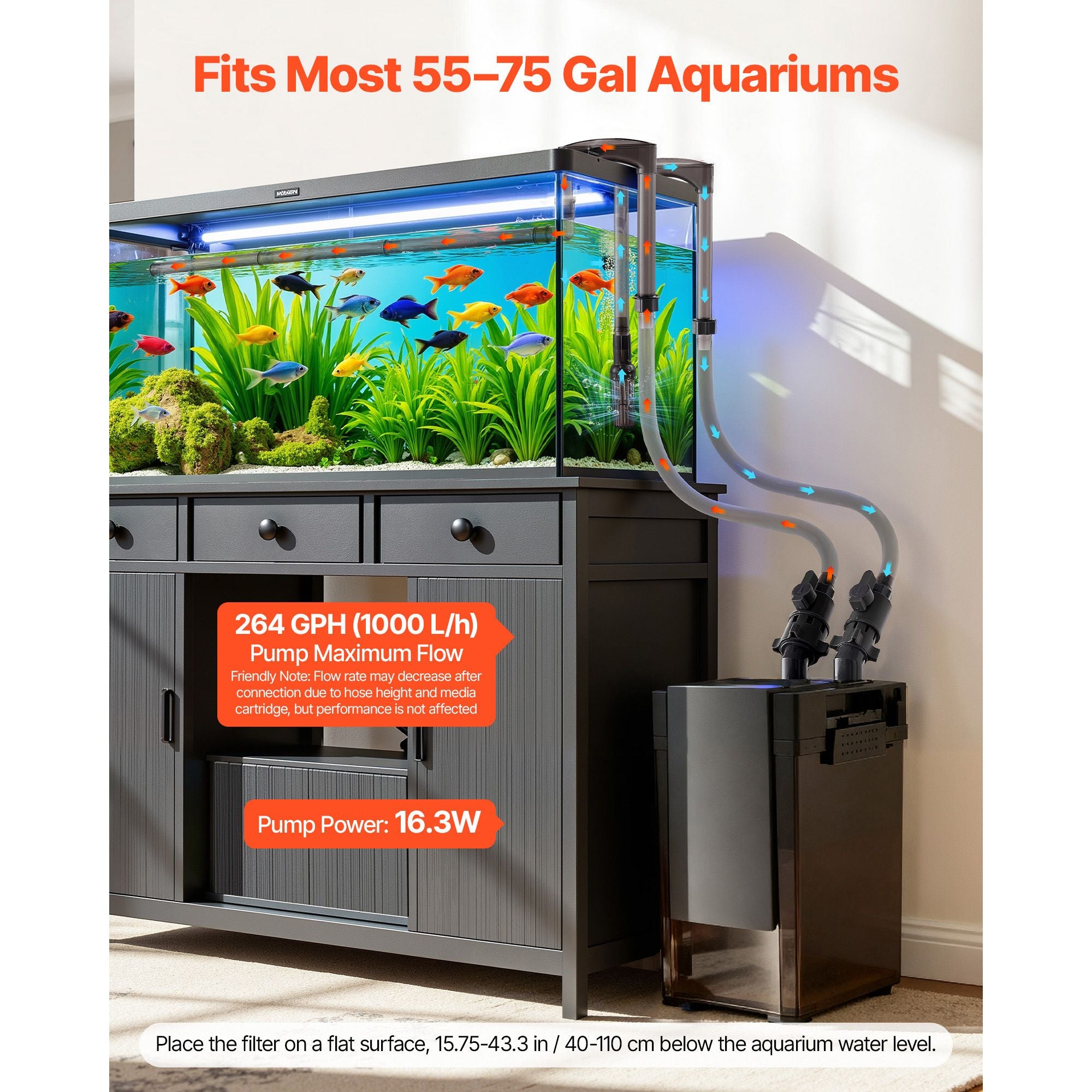 Quiet 264GPH Canister Filter with Adjustable Flow for Freshwater Aquariums