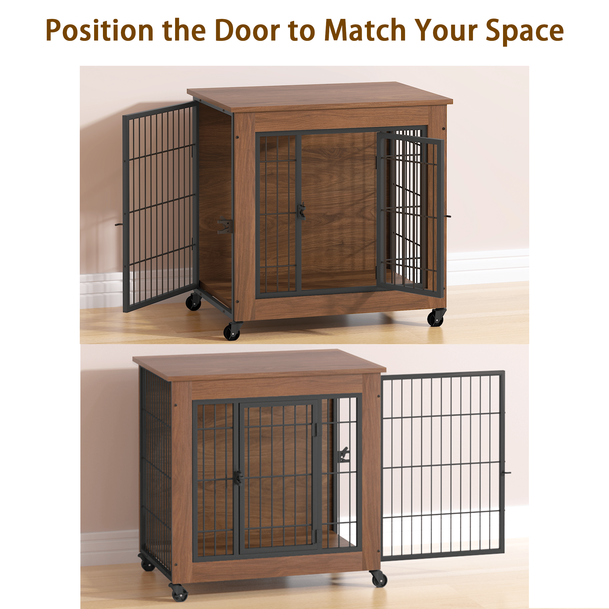 practical Dog Crate Furniture with Wheels – Double Doors & Braking Casters