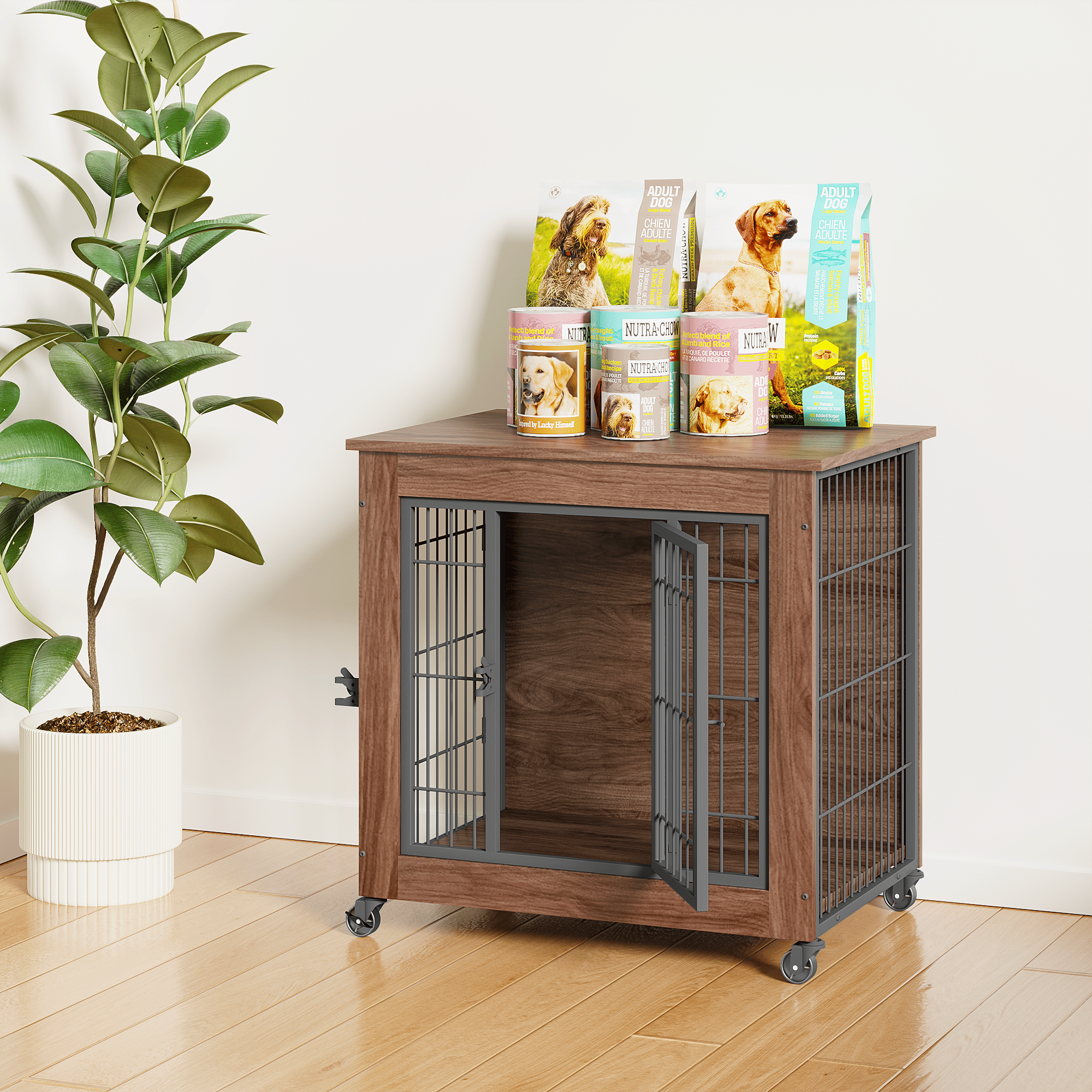 practical Dog Crate Furniture with Wheels – Double Doors & Braking Casters