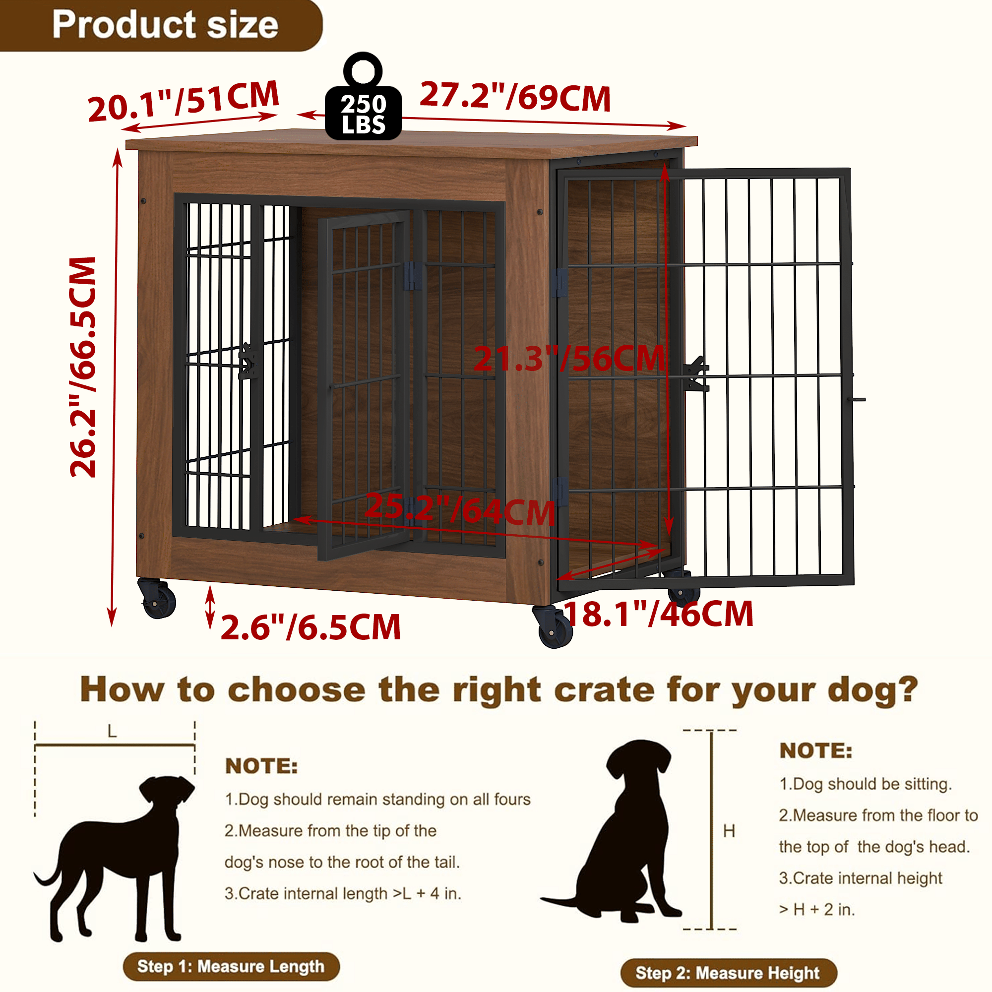 practical Dog Crate Furniture with Wheels – Double Doors & Braking Casters