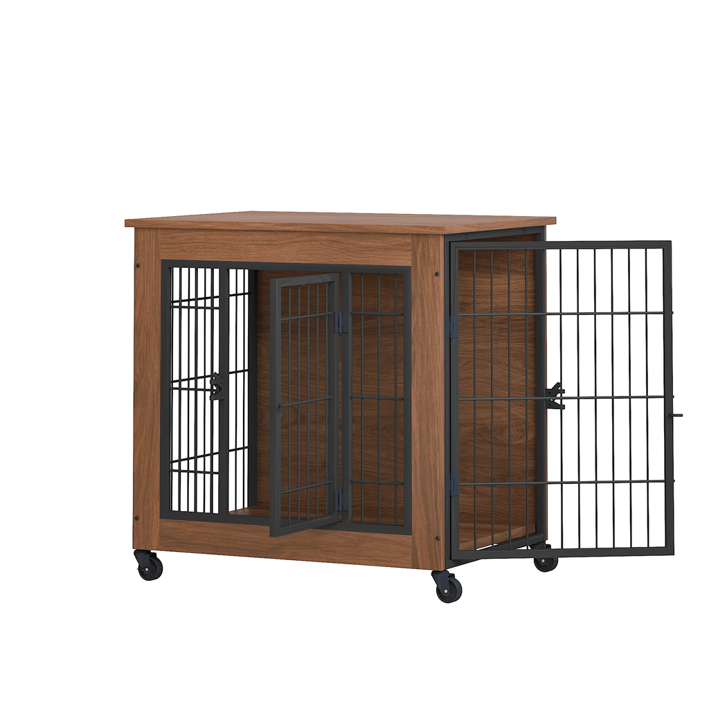 practical Dog Crate Furniture with Wheels – Double Doors & Braking Casters
