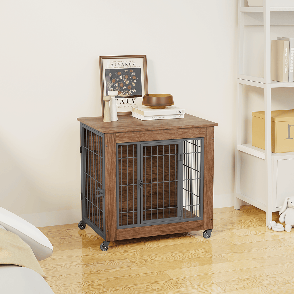 practical Dog Crate Furniture with Wheels – Double Doors & Braking Casters