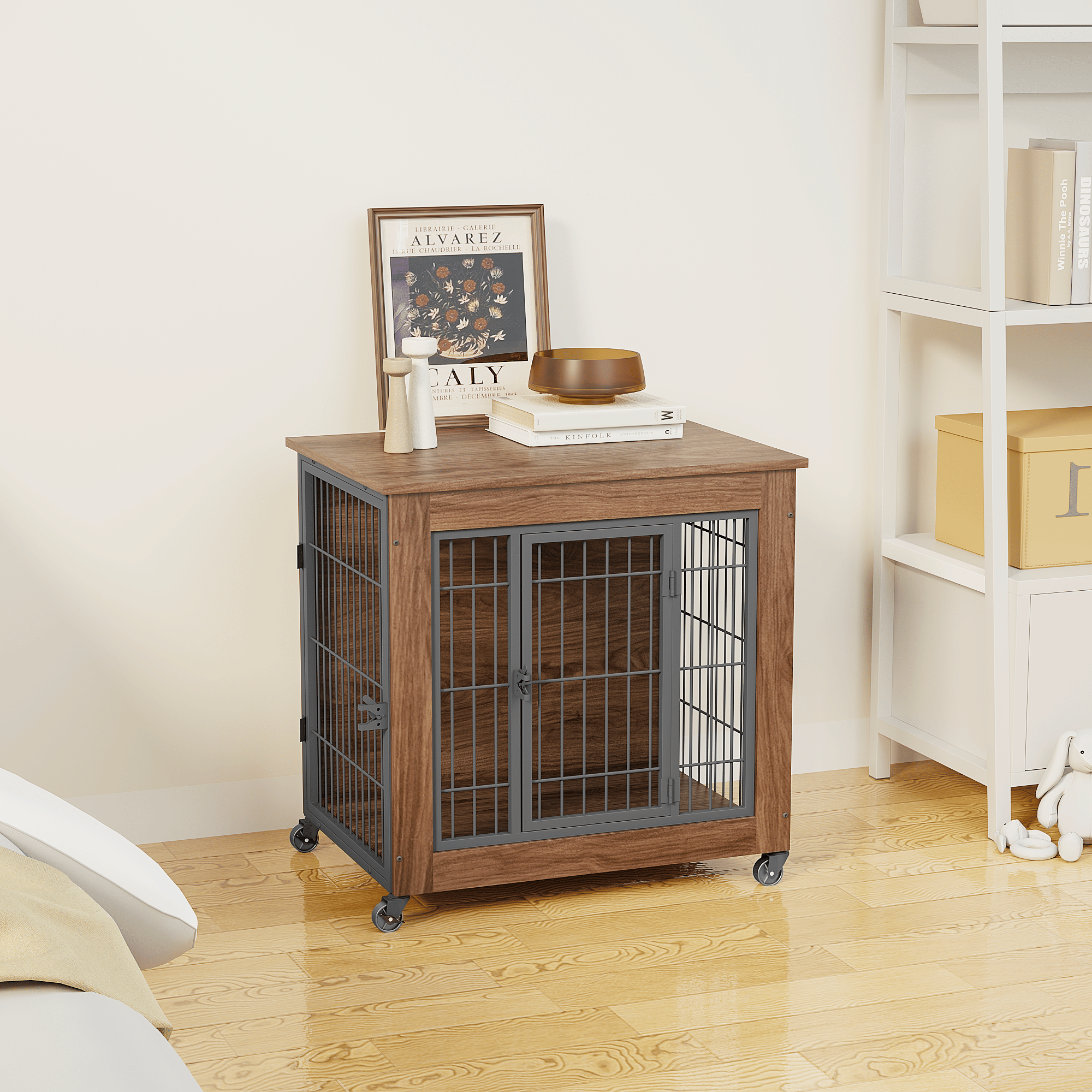 practical Dog Crate Furniture with Wheels – Double Doors & Braking Casters