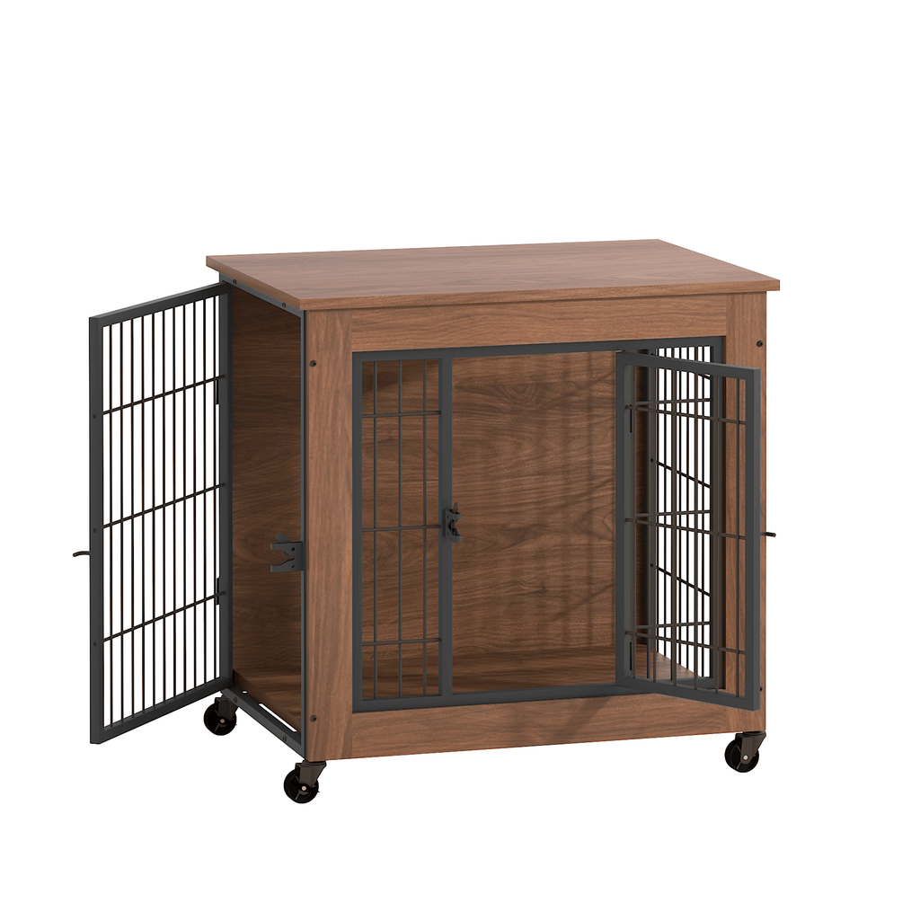 practical Dog Crate Furniture with Wheels – Double Doors & Braking Casters