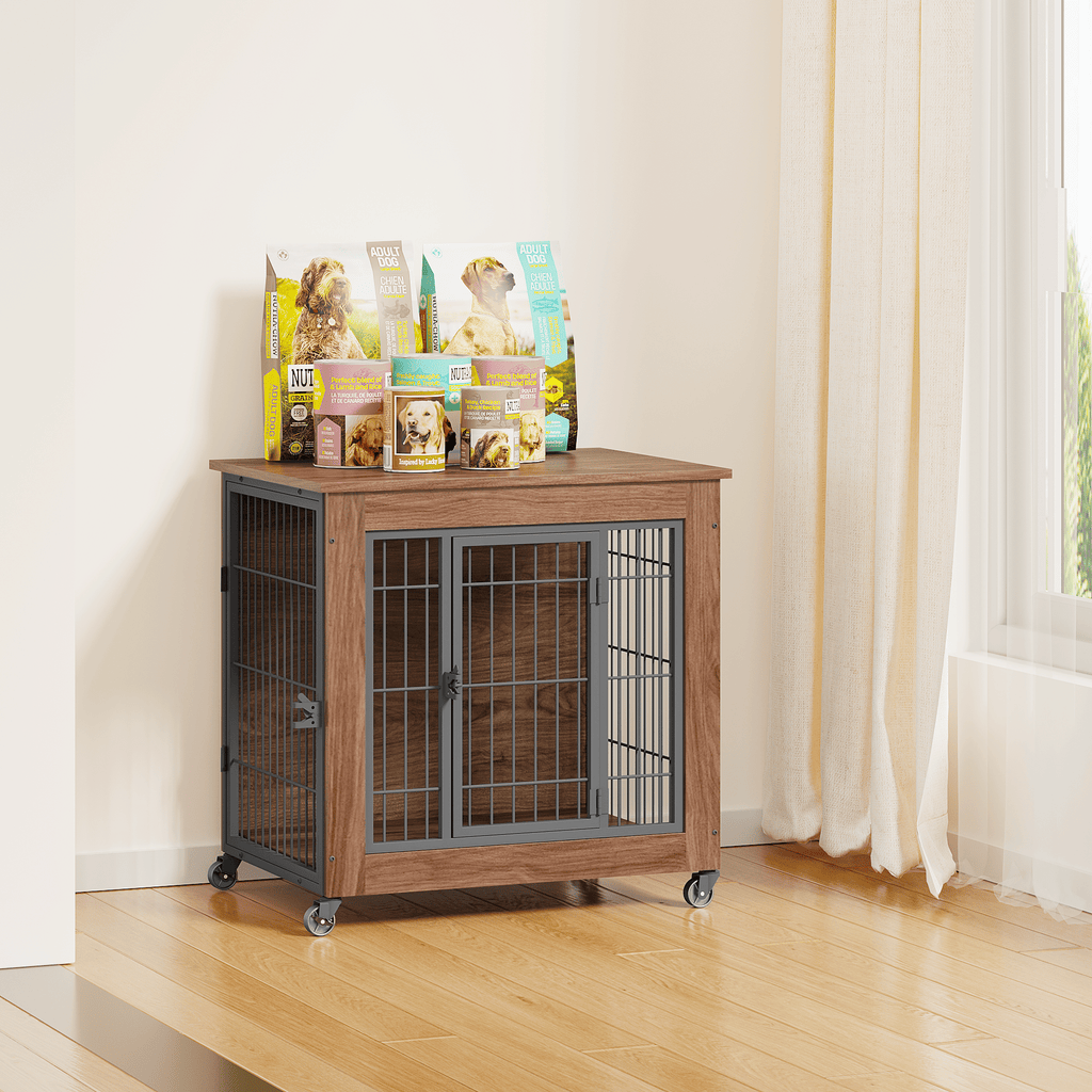 practical Dog Crate Furniture with Wheels – Double Doors & Braking Casters