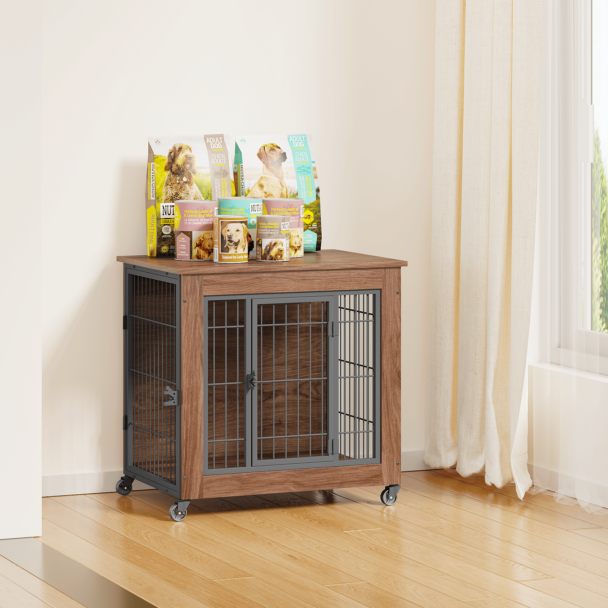 practical Dog Crate Furniture with Wheels – Double Doors & Braking Casters