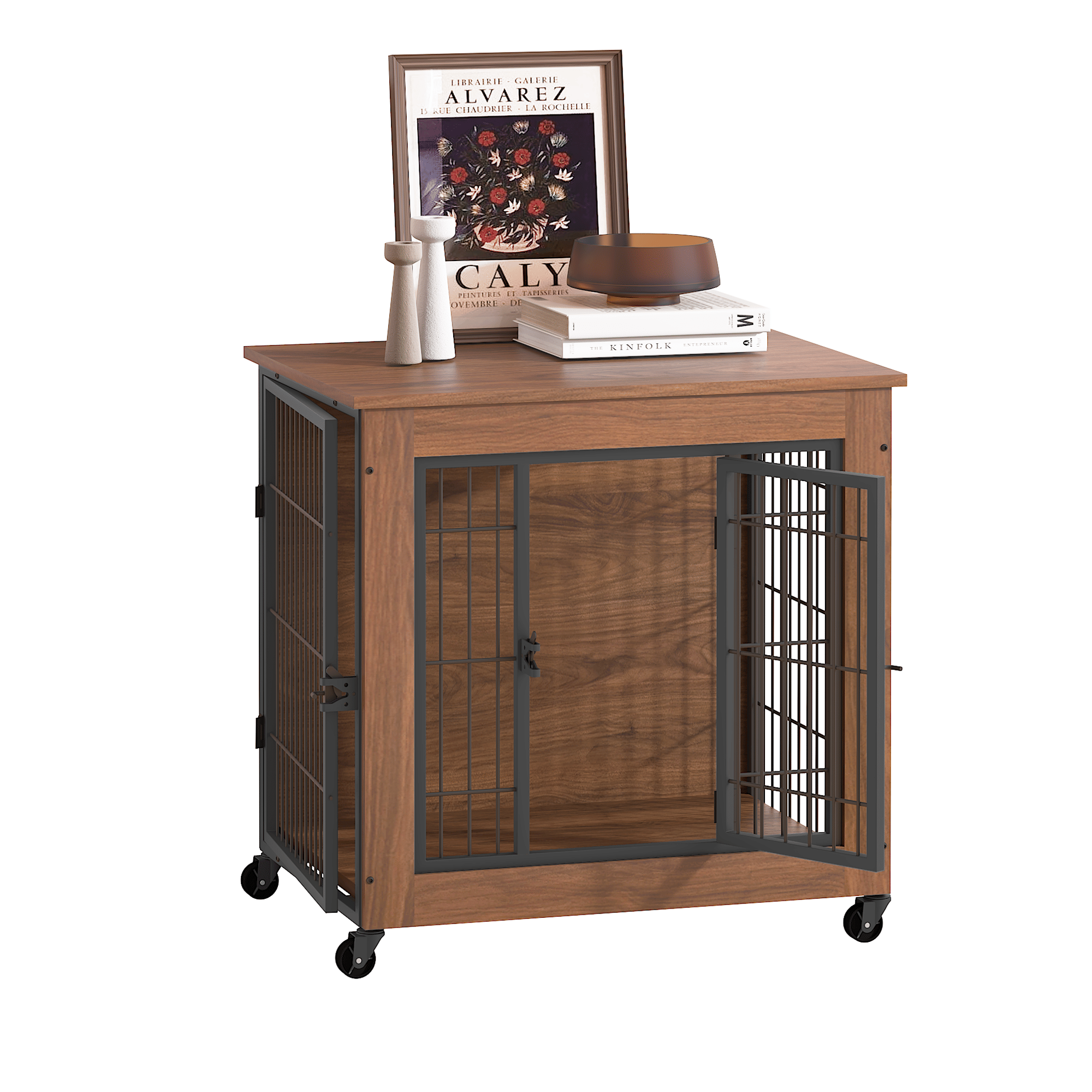 practical Dog Crate Furniture with Wheels – Double Doors & Braking Casters