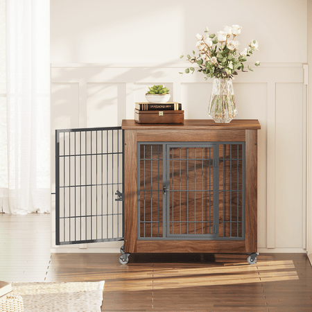 practical Dog Crate Furniture with Wheels – Double Doors & Braking Casters