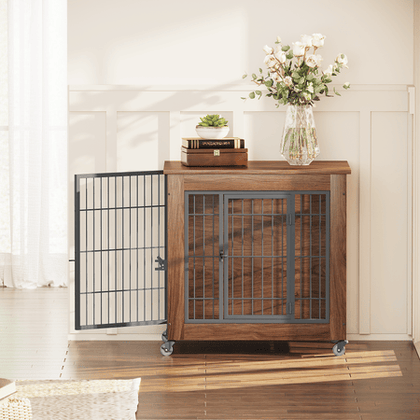practical Dog Crate Furniture with Wheels – Double Doors & Braking Casters