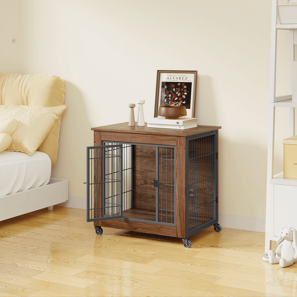 practical Dog Crate Furniture with Wheels – Double Doors & Braking Casters
