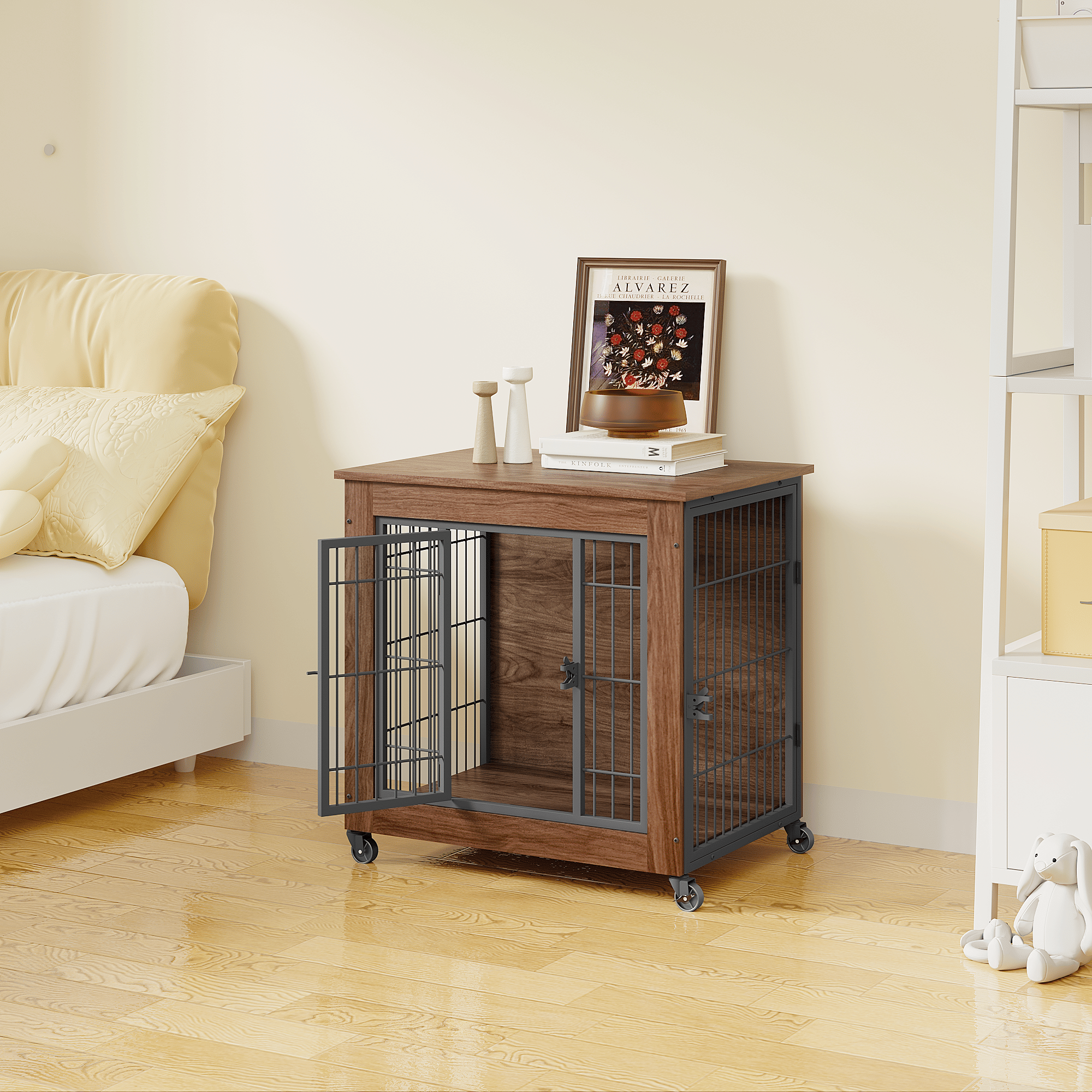 practical Dog Crate Furniture with Wheels – Double Doors & Braking Casters
