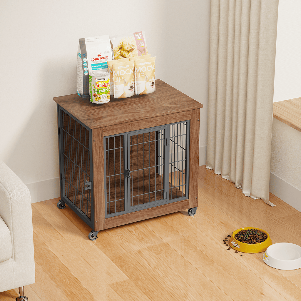 practical Dog Crate Furniture with Wheels – Double Doors & Braking Casters