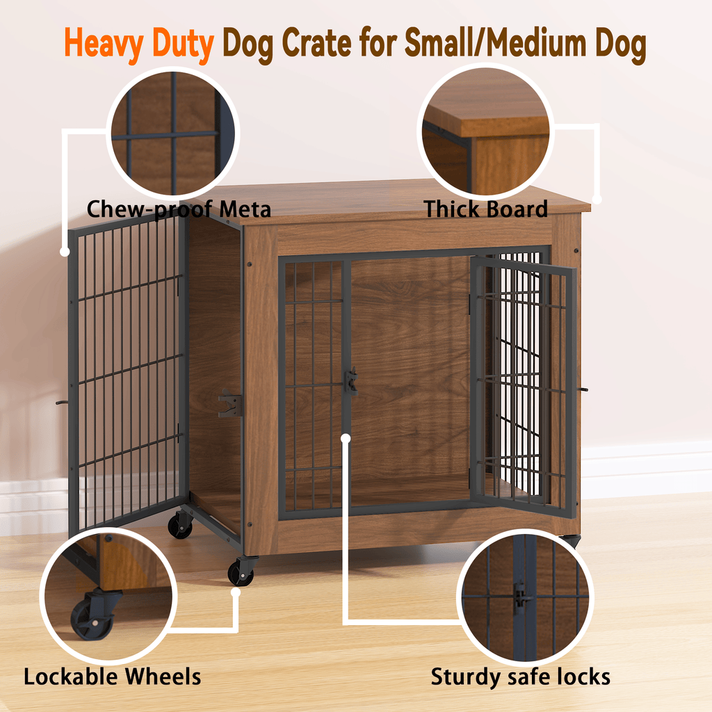 practical Dog Crate Furniture with Wheels – Double Doors & Braking Casters
