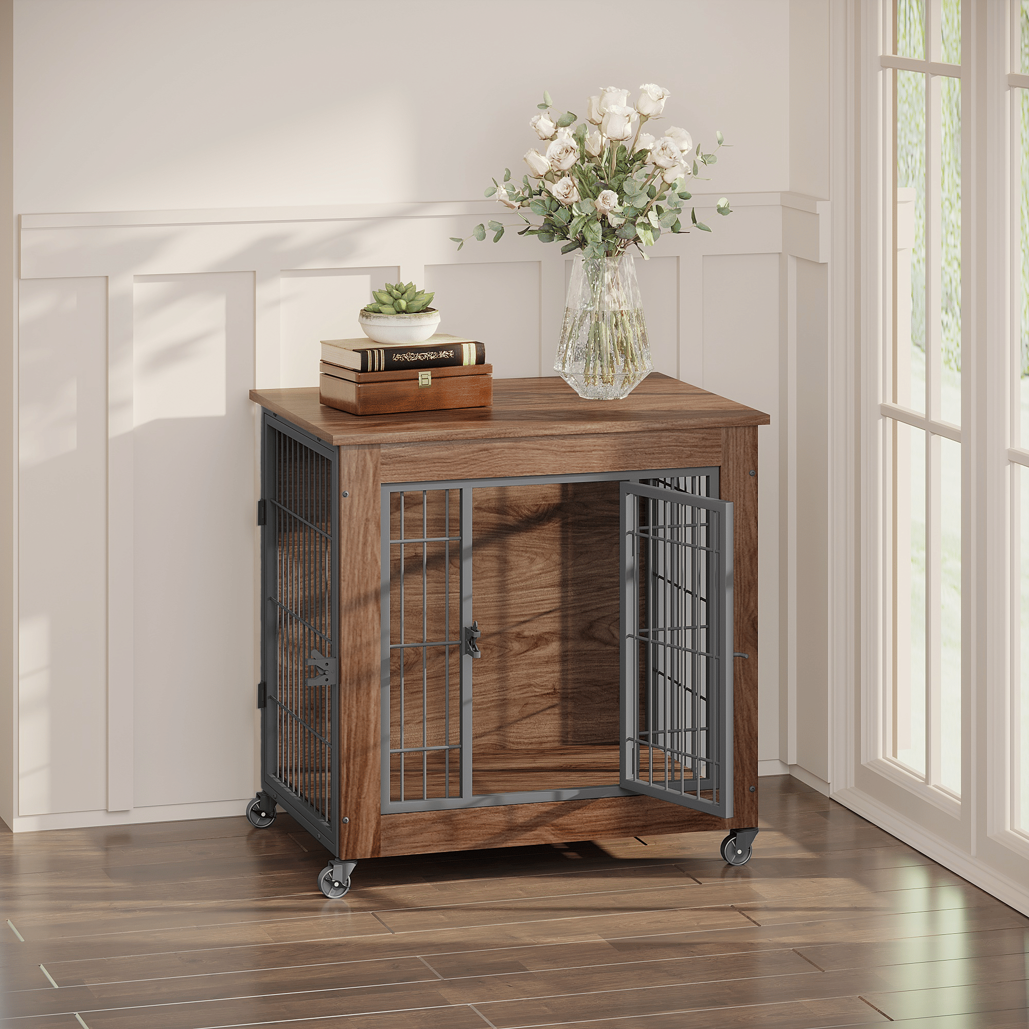 practical Dog Crate Furniture with Wheels – Double Doors & Braking Casters