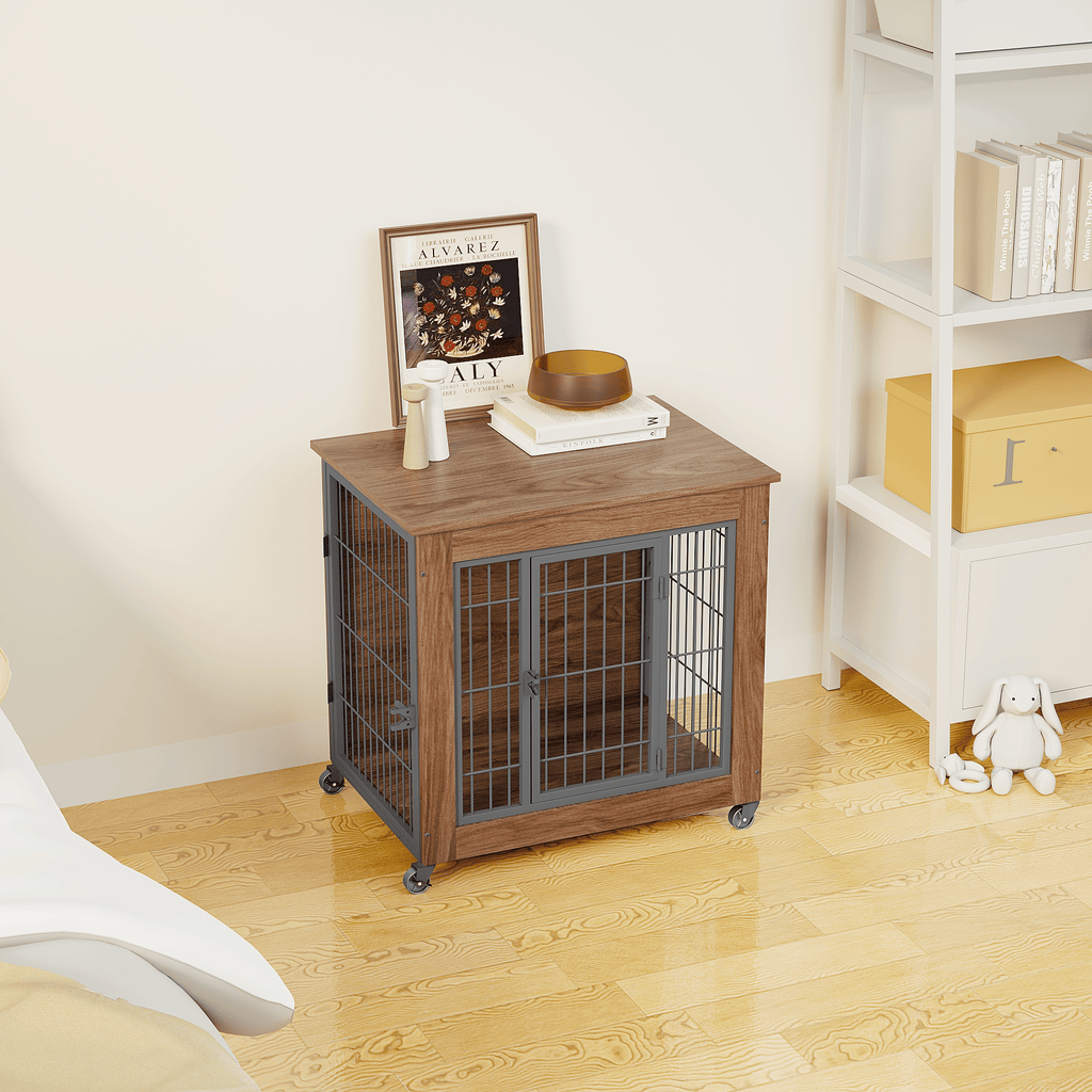 practical Dog Crate Furniture with Wheels – Double Doors & Braking Casters