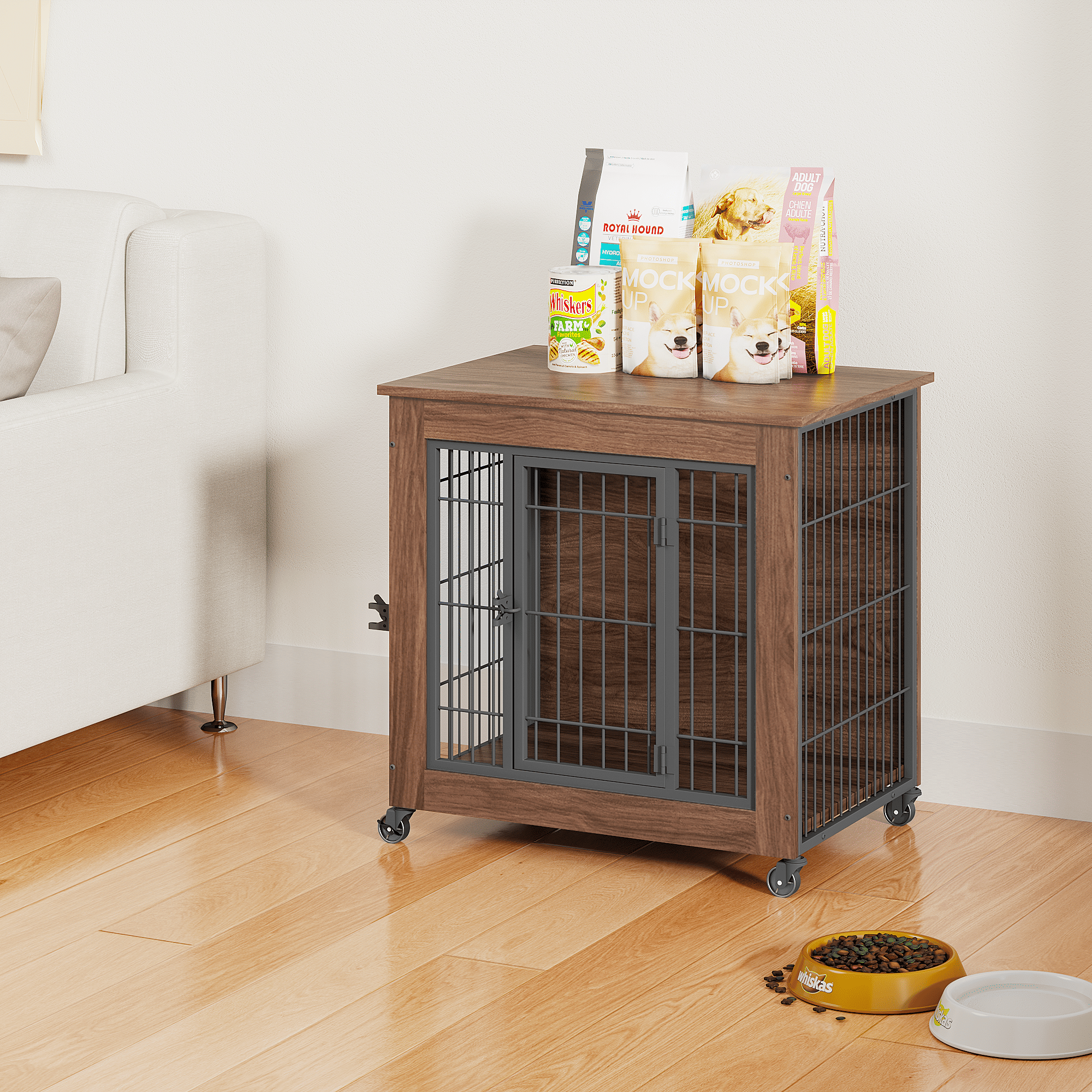 practical Dog Crate Furniture with Wheels – Double Doors & Braking Casters