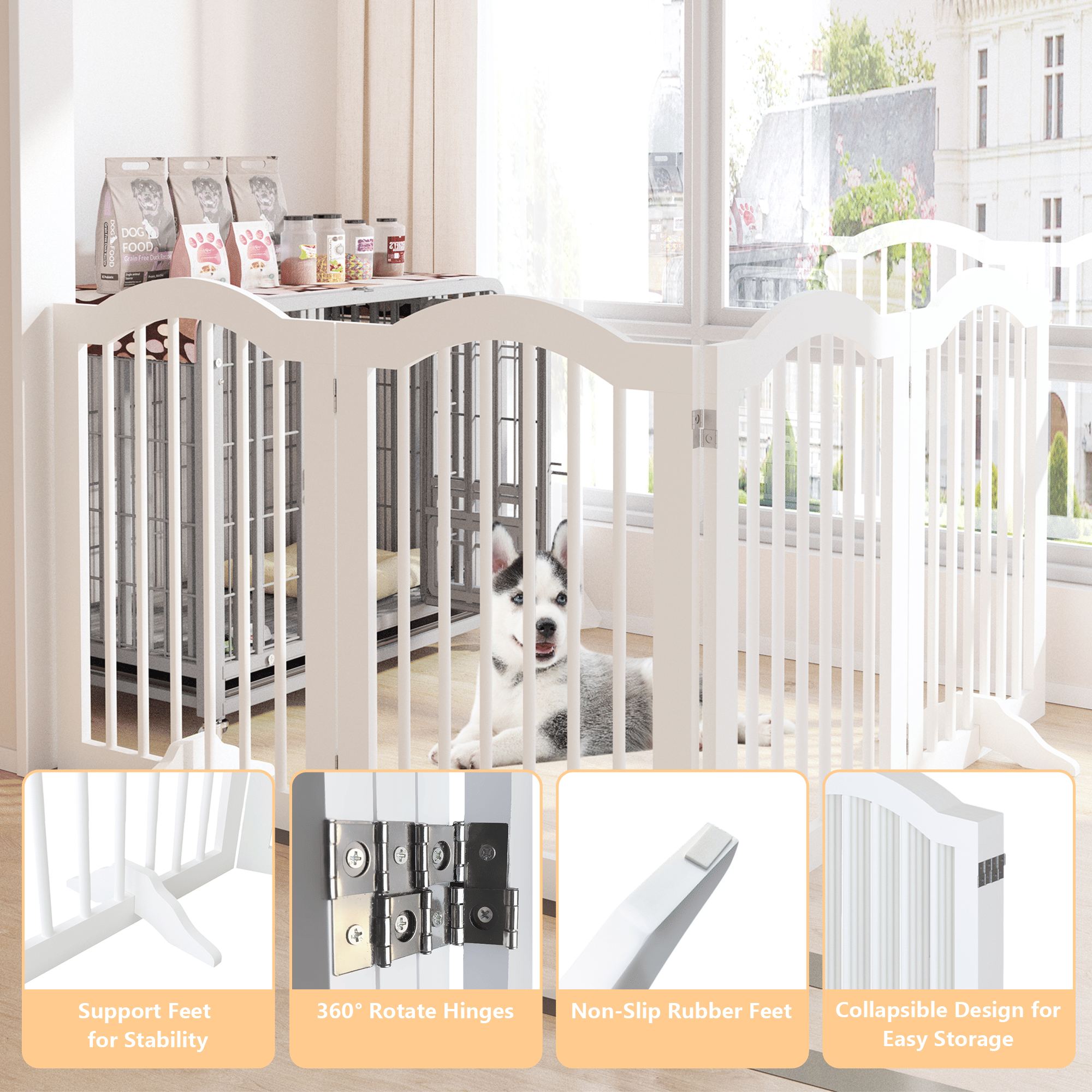 27.6" Tall Freestanding Pet Gate – 4-Panel Foldable furniture-style Safety Fence