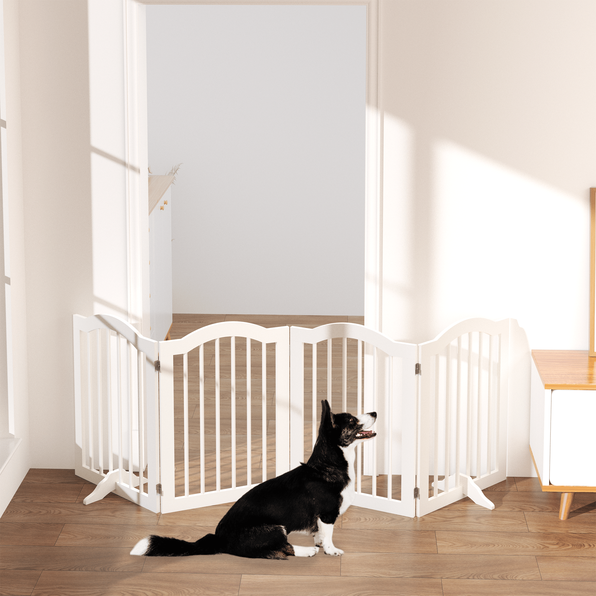 27.6" Tall Freestanding Pet Gate – 4-Panel Foldable furniture-style Safety Fence