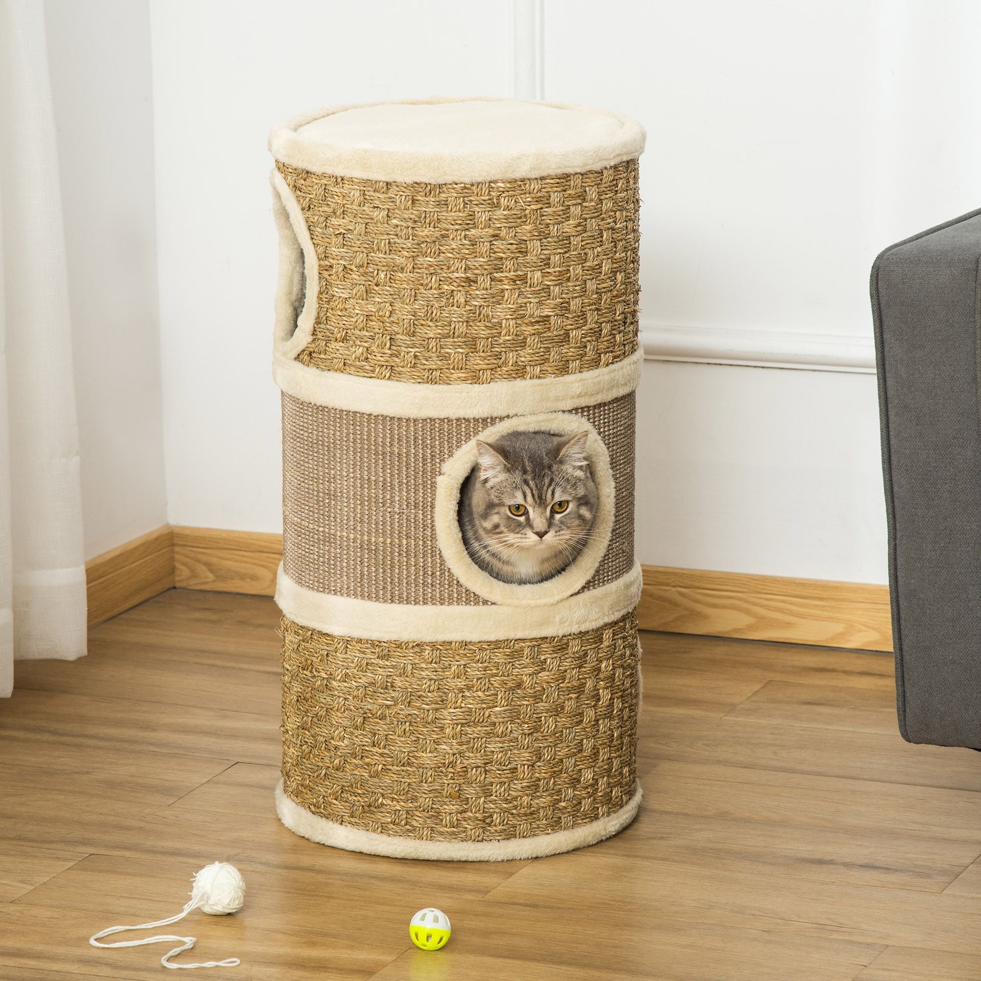 Multi-Level Cat Condo with Scratching Pads and Plush Interior