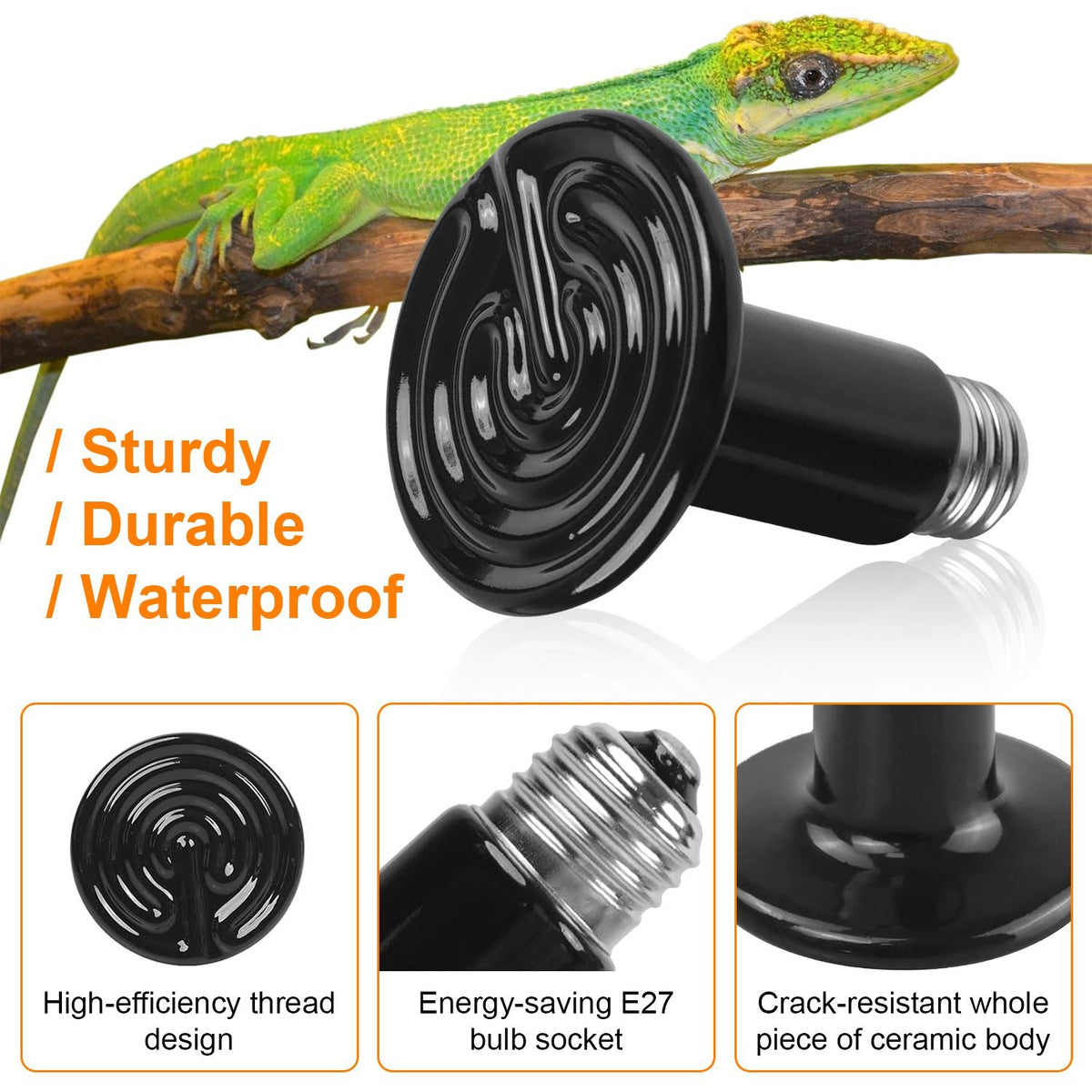 No-Light Infrared Heat Lamp for Reptile Terrariums and Small-Pet Brooders