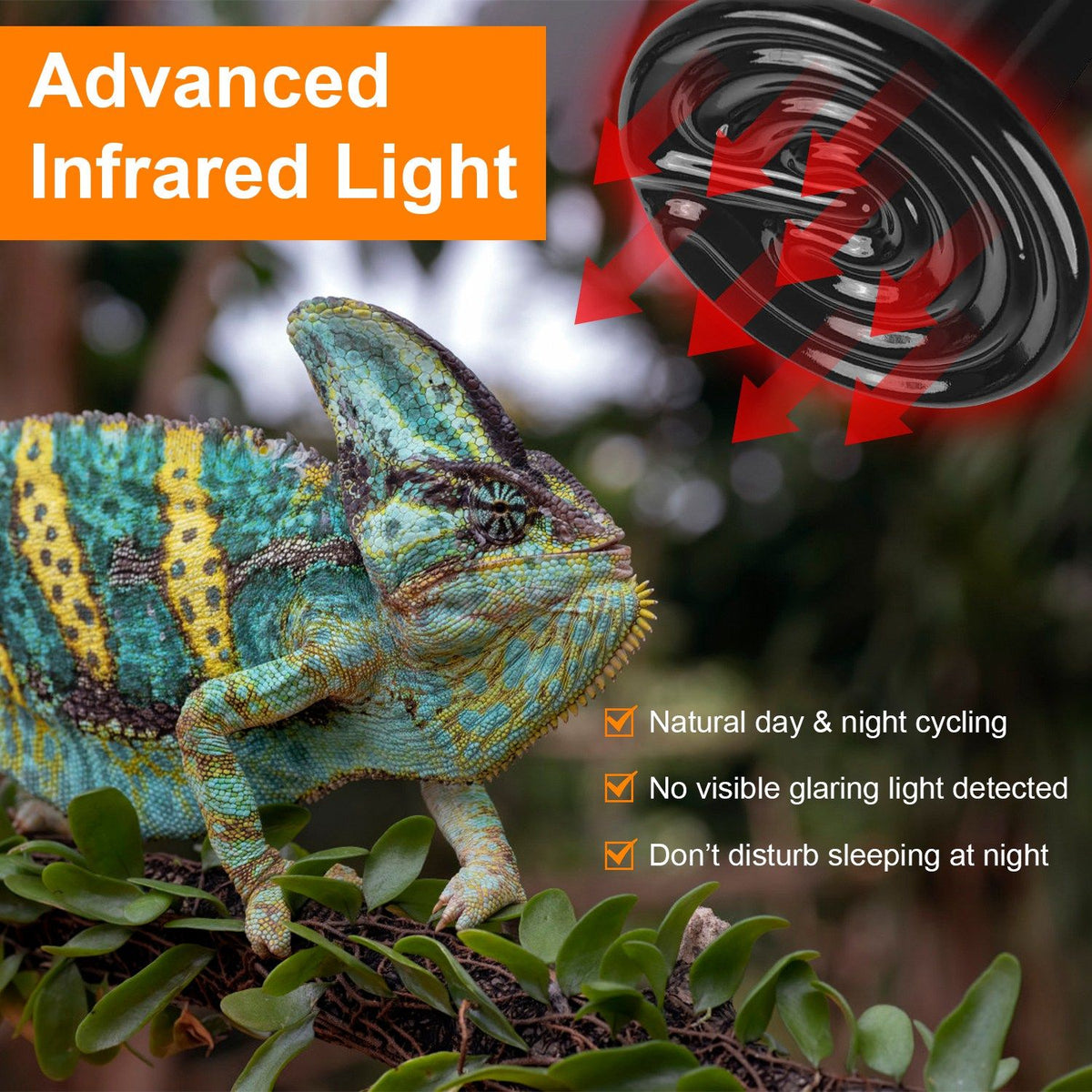 No-Light Infrared Heat Lamp for Reptile Terrariums and Small-Pet Brooders