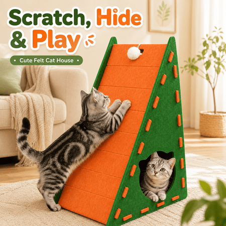 3-in-1 Felt Cat Scratcher House with Hideout & Pom-Pom Toy