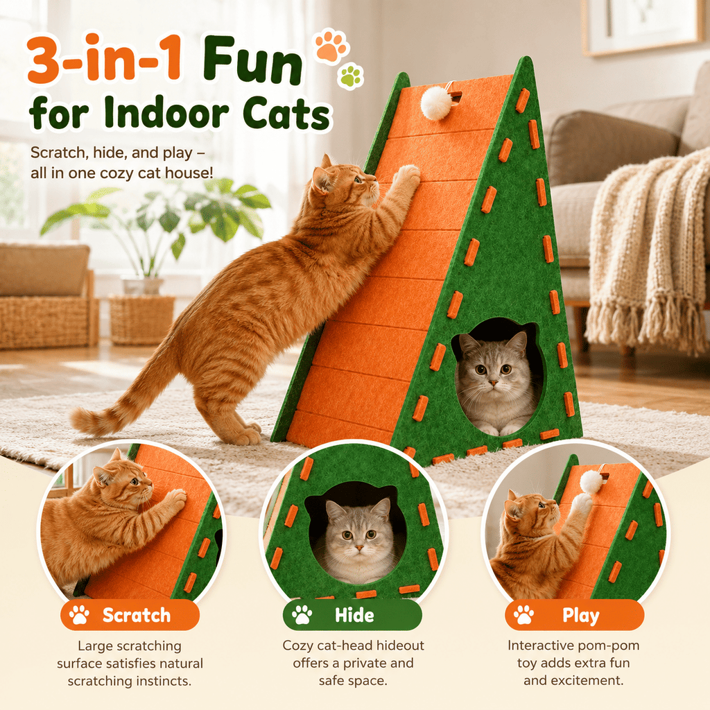 3-in-1 Felt Cat Scratcher House with Hideout & Pom-Pom Toy