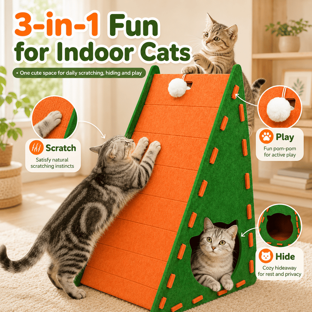 3-in-1 Felt Cat Scratcher House with Hideout & Pom-Pom Toy