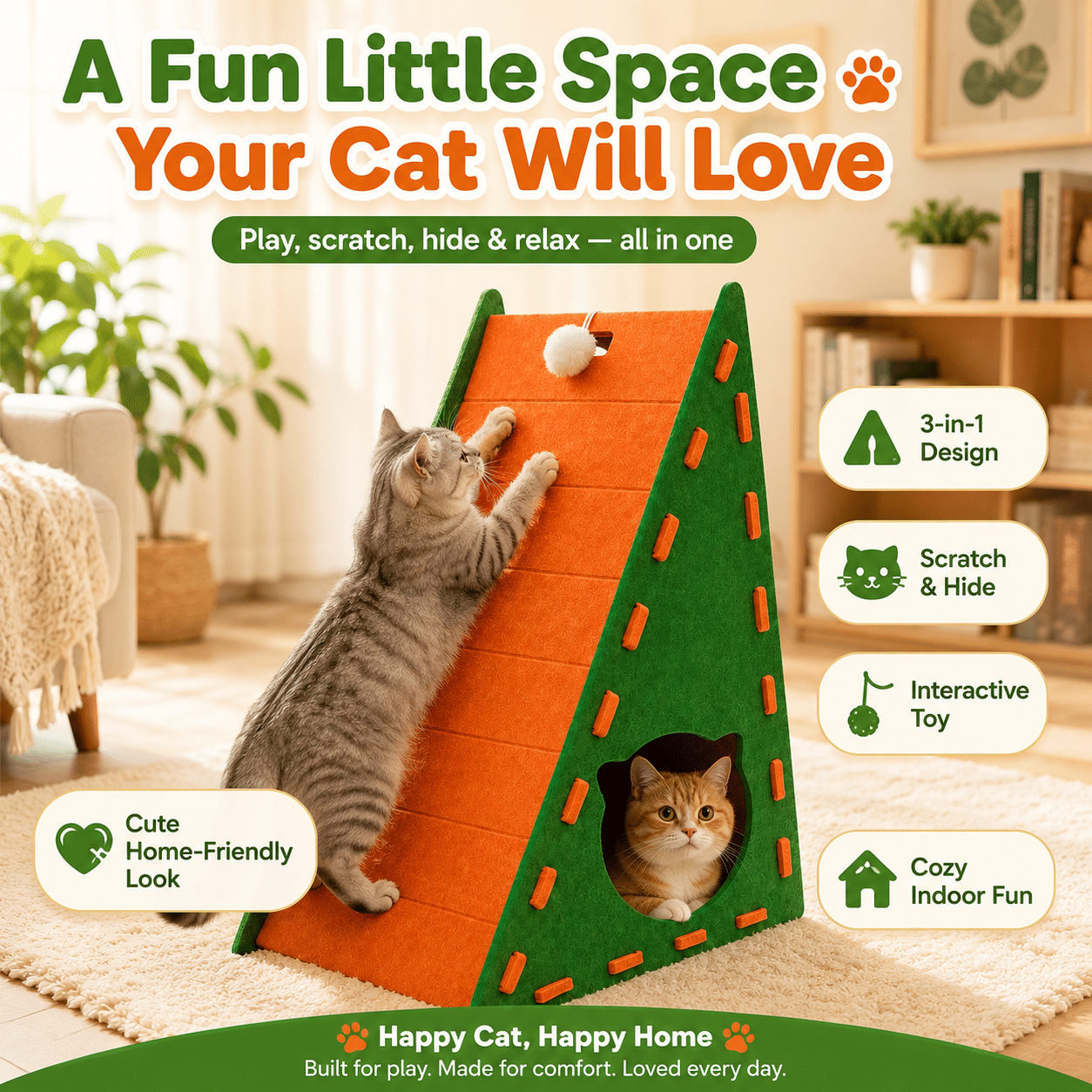 3-in-1 Felt Cat Scratcher House with Hideout & Pom-Pom Toy