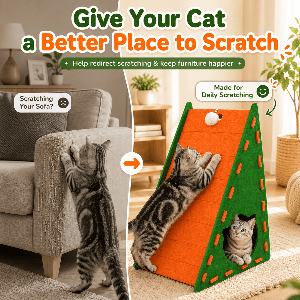 3-in-1 Felt Cat Scratcher House with Hideout & Pom-Pom Toy