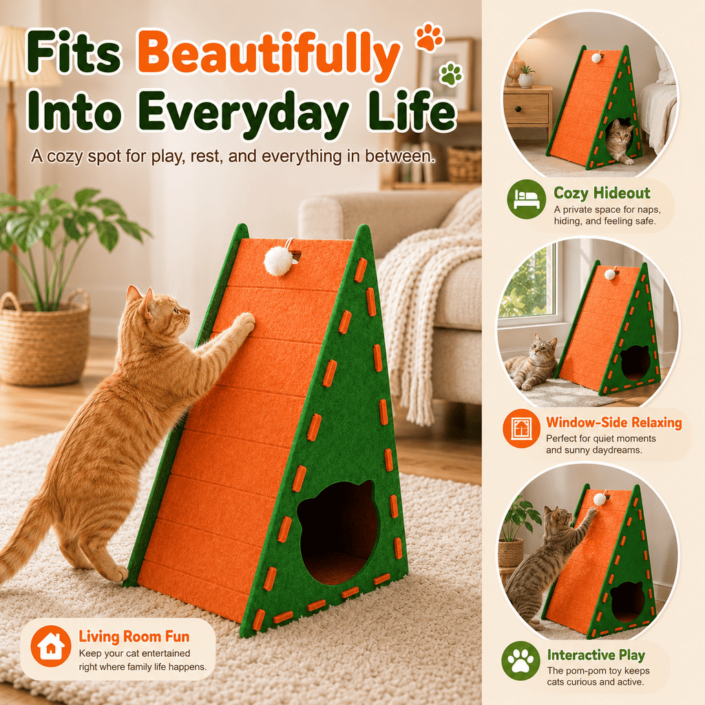 3-in-1 Felt Cat Scratcher House with Hideout & Pom-Pom Toy