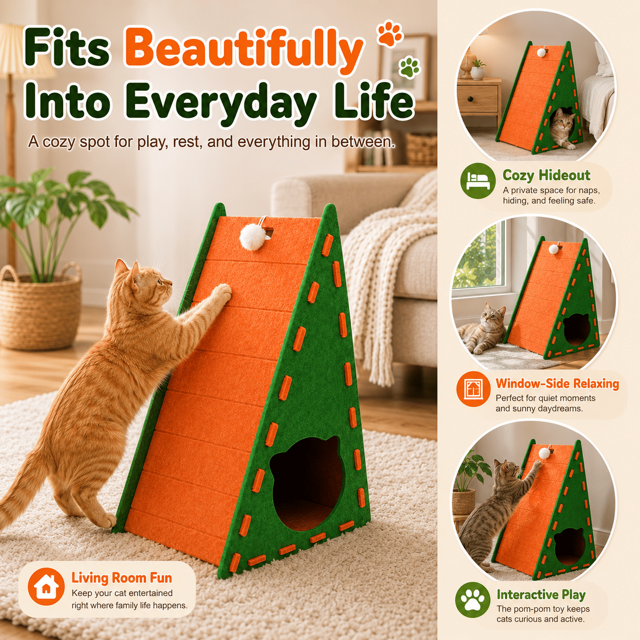 3-in-1 Felt Cat Scratcher House with Hideout & Pom-Pom Toy