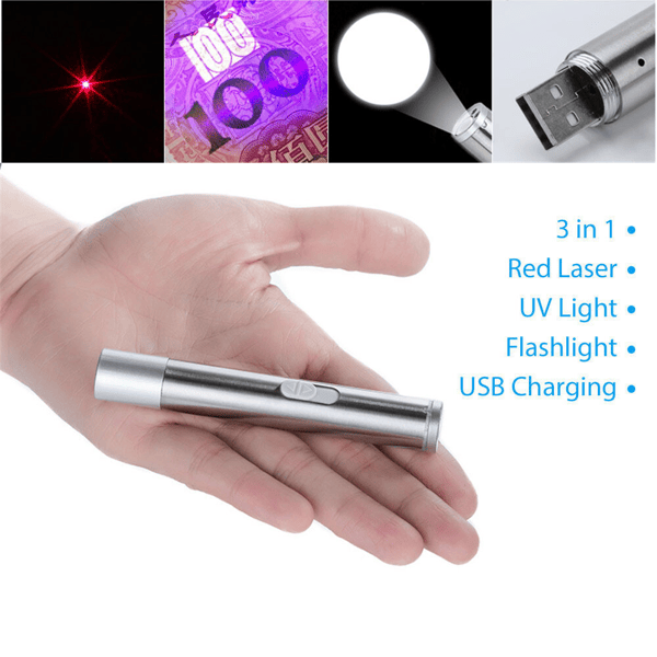 3-in-1 USB Rechargeable Pet Toy Pen with Red Laser, UV Detector & White Flashlight