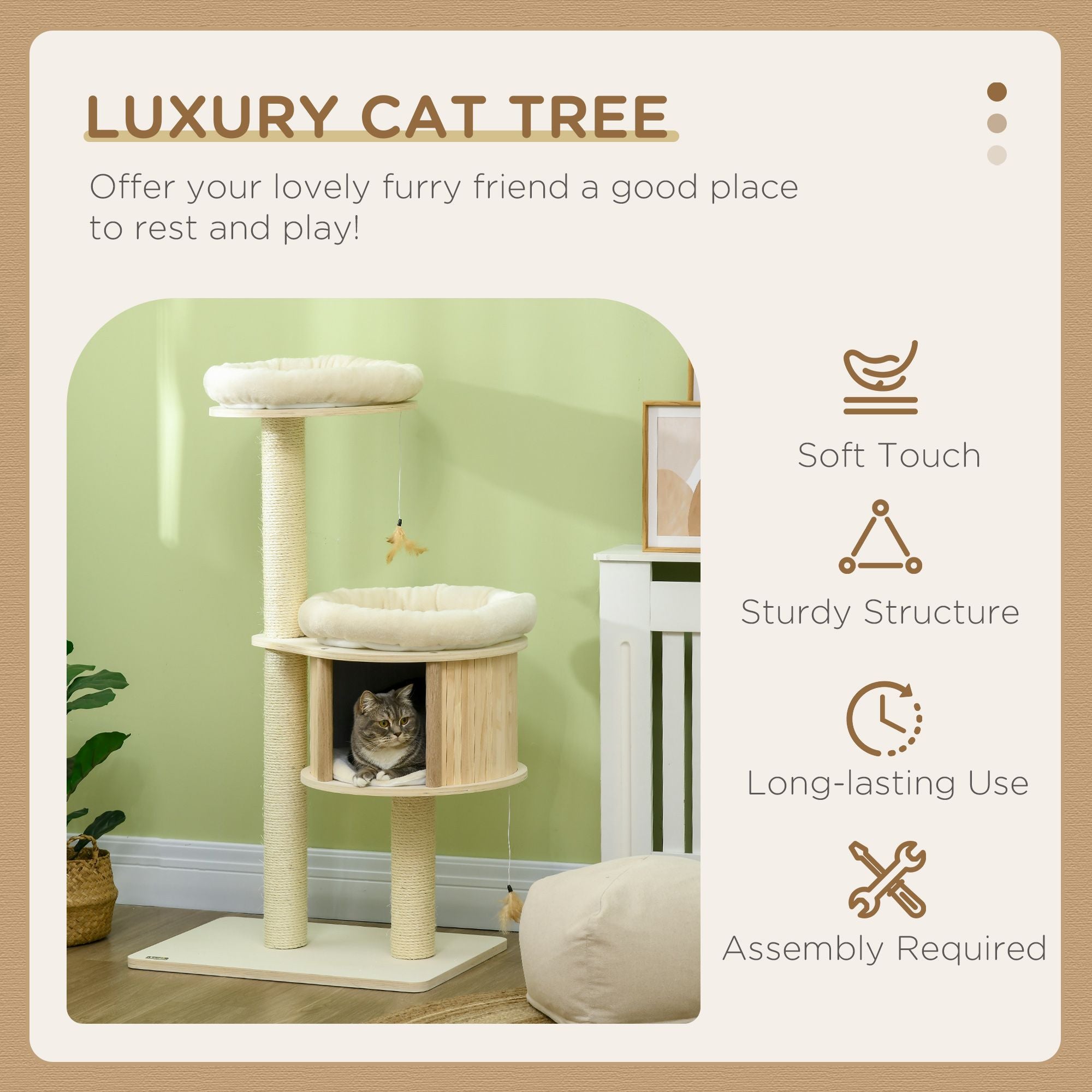 3-Level Cat Tree with Scratching Posts & Soft Cushions – Fun Badminton Toy for Playful Cats