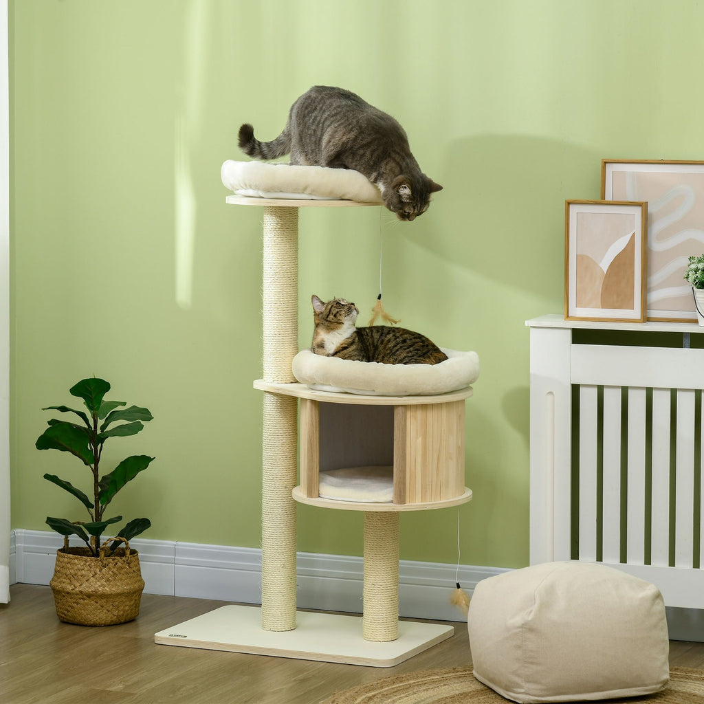 3-Level Cat Tree with Scratching Posts & Soft Cushions – Fun Badminton Toy for Playful Cats