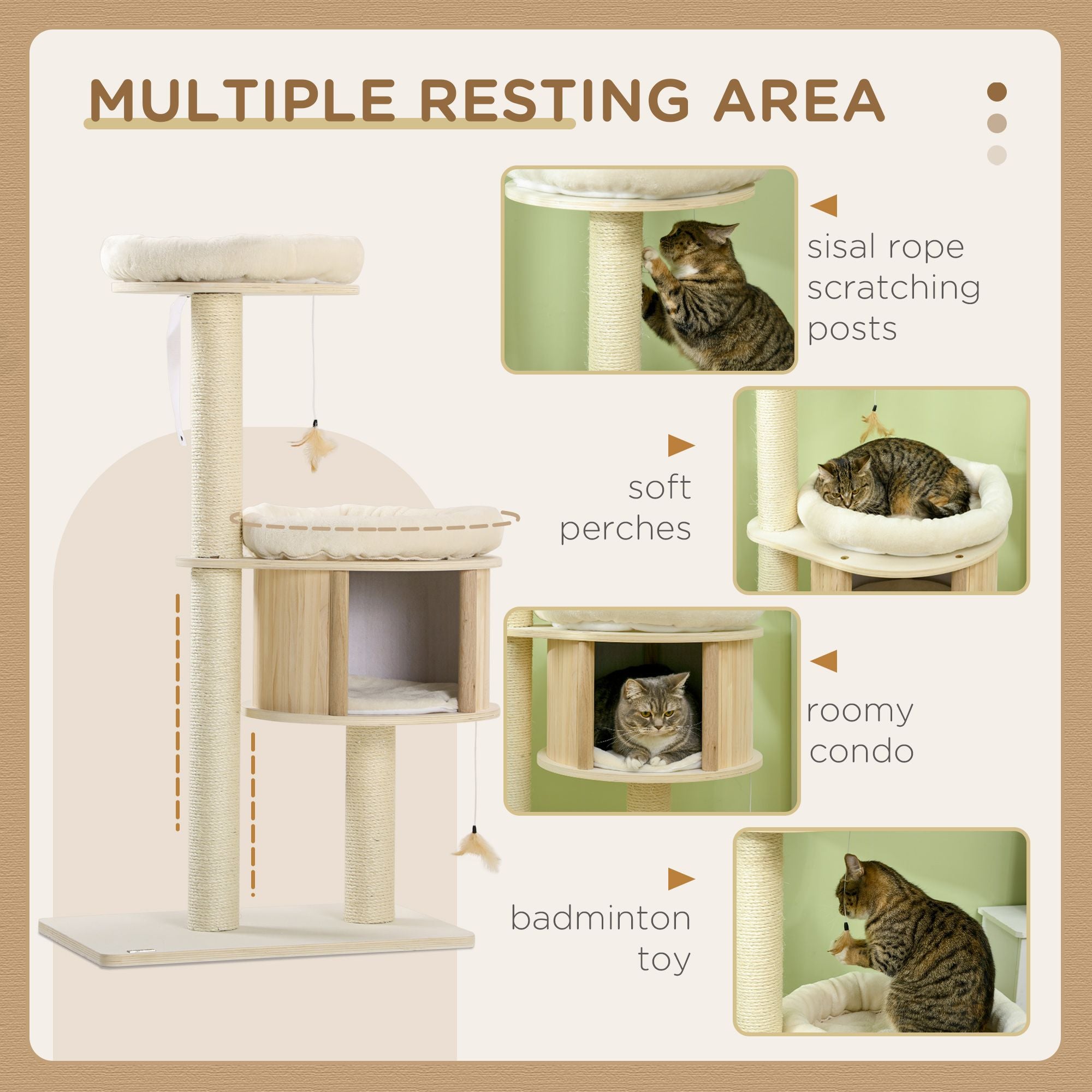 3-Level Cat Tree with Scratching Posts & Soft Cushions – Fun Badminton Toy for Playful Cats