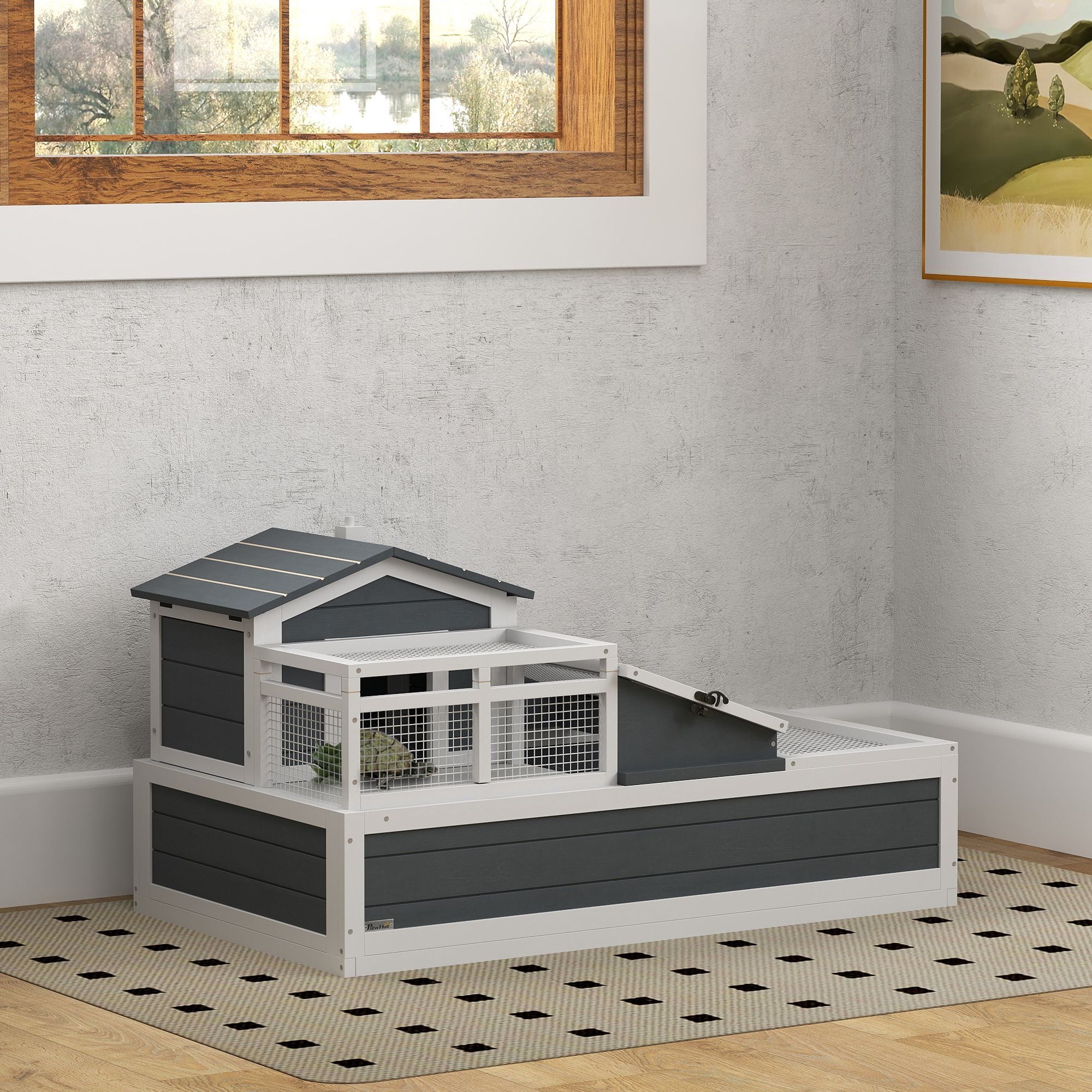 3-Room furniture-style Tortoise Habitat with Balcony & Mesh Roof